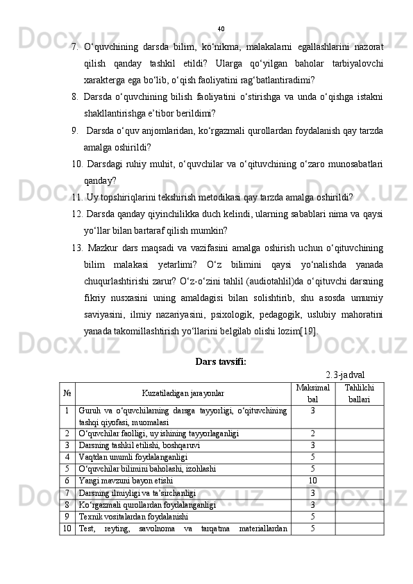 40
7. O‘quvchining   darsda   bilim,   ko‘nikma,   malakalarni   egallashlarini   nazorat
qilish   qanday   tashkil   etildi?   Ularga   qo‘yilgan   baholar   tarbiyalovchi
xarakterga ega bo‘lib, o‘qish faoliyatini rag‘batlantiradimi? 
8. Darsda   o‘quvchining   bilish   faoliyatini   o‘stirishga   va   unda   o‘qishga   istakni
shakllantirishga e’tibor berildimi? 
9.  Darsda o‘quv anjomlaridan, ko‘rgazmali qurollardan foydalanish qay tarzda
amalga oshirildi? 
10.   Darsdagi  ruhiy  muhit,  o‘quvchilar   va  o‘qituvchining  o‘zaro  munosabatlari
qanday? 
11.  Uy topshiriqlarini tekshirish metodikasi qay tarzda amalga oshirildi? 
12.  Darsda qanday qiyinchilikka duch kelindi, ularning sabablari nima va qaysi
yo‘llar bilan bartaraf qilish mumkin?
13.   Mazkur   dars   maqsadi   va   vazifasini   amalga   oshirish   uchun   o‘qituvchining
bilim   malakasi   yetarlimi?   O‘z   bilimini   qaysi   yo‘nalishda   yanada
chuqurlashtirishi zarur? O‘z-o‘zini tahlil (audiotahlil)da o‘qituvchi darsning
fikriy   nusxasini   uning   amaldagisi   bilan   solishtirib,   shu   asosda   umumiy
saviyasini,   ilmiy   nazariyasini,   psixologik,   pedagogik,   uslubiy   mahoratini
yanada takomillashtirish yo‘llarini belgilab olishi lozim[19].
Dars tavsifi:
                                                                                                      2.3-jadval
№ Kuzatiladigan jarayonlar Maksimal
bal Tahlilchi
ballari
1 Guruh   va   o‘quvchilarning   darsga   tayyorligi,   o‘qituvchining
tashqi qiyofasi, muomalasi 3
2 O‘quvchilar faolligi, uy ishining tayyorlaganligi 2
3 Darsning tashkil etilishi, boshqaruvi 3
4 Vaqtdan unumli foydalanganligi 5
5 O‘quvchilar bilimini baholashi, izohlashi 5
6 Yangi mavzuni bayon etishi 10
7 Darsning ilmiyligi va ta’sirchanligi 3
8 Ko‘rgazmali qurollardan foydalanganligi 3
9 Texnik vositalardan foydalanishi 5
10 Test,   reyting,   savolnoma   va   tarqatma   materiallardan 5 