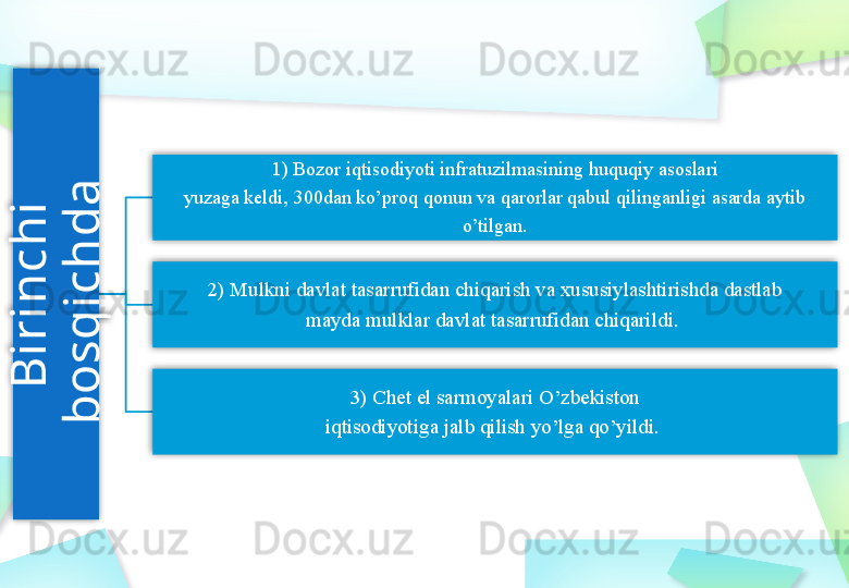 B
i
r
i
n
c
h
i
 	
b
o
s
q
i
c
h
d
a
 1) Bozor iqtisodiyoti infratuzilmasining huquqiy asoslari
yuzaga keldi, 300dan ko’proq qonun va qarorlar qabul qilinganligi asarda aytib
o’tilgan.
2) Mulkni davlat tasarrufidan chiqarish va xususiylashtirishda dastlab
mayda mulklar davlat tasarrufidan chiqarildi. 
3) Chet el sarmoyalari O’zbekiston
iqtisodiyotiga jalb qilish yo’lga qo’yildi.      