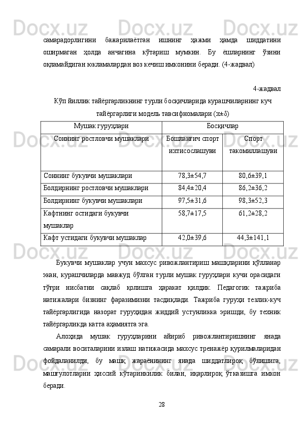 самарадорлигини   бажарилаётган   ишнинг   ҳажми   ҳамда   шиддатини
оширмаган   ҳолда   анчагина   кўтариш   мумкин.   Бу   ёшларнинг   ўзини
оқламайдиган юкламалардан воз кечиш имконини беради. (4-жадвал) 
4-жадвал 
Кўп йиллик тайёргарликнинг турли босқичларида курашчиларнинг куч
тайёргарлиги модель тавсифномалари (х±δ) 
Мушак гуруҳлари  Босқичлар 
Соннинг ростловчи мушаклари  Бошланғич спорт
ихтисослашуви 
  Спорт
такомиллашуви 
 
Соннинг букувчи мушаклари  78,3±54,7  80,6±39,1 
Болдирнинг ростловчи мушаклари  84,4±20,4  86,2±36,2 
Болдирнинг букувчи мушаклари  97,5±31,6  98,3±52,3 
Кафтнинг остидаги букувчи 
мушаклар  58,7±17,5  61,2±28,2 
Кафт устидаги букувчи мушаклар  42,0±39,6  44,3±141,1 
 
Букувчи   мушаклар   учун   махсус   ривожлантириш   машқларини   қўлланар
экан,   курашчиларда   мавжуд   бўлган   турли   мушак   гуруҳлари   кучи   орасидаги
тўғри   нисбатни   сақлаб   қолишга   ҳаракат   қилдик.   Педагогик   тажриба
натижалари   бизнинг   фаразимизни   тасдиқлади.   Тажриба   гуруҳи   тезлик-куч
тайёргарлигида   назорат   гуруҳидан   жиддий   устунликка   эришди,   бу   техник
тайёргарликда катта аҳамиятга эга. 
Алоҳида   мушак   гуруҳларини   айириб   ривожлантиришнинг   янада
самарали воситаларини излаш натижасида махсус тренажёр қурилмаларидан
фойдаланилди,   бу   машқ   жараёнининг   янада   шиддатлироқ   бўлишига,
машғулотларни   ҳиссий   кўтаринкилик   билан,   иқарлироқ   ўтказишга   имкон
беради. 
  28 