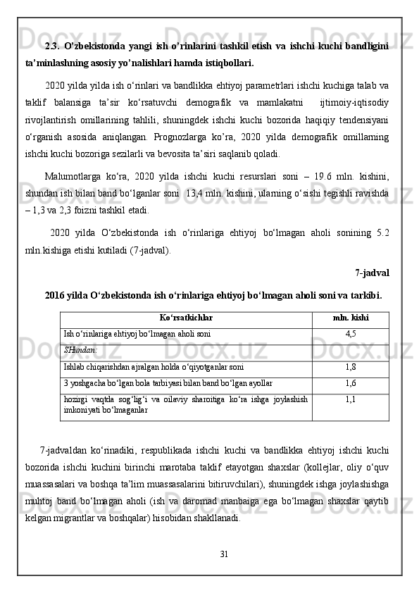 2.3.   O’zbekistonda   yangi   ish   o’rinlarini   tashkil   etish   va   ishchi   kuchi   bandligini
ta’minlashning asosiy yo’nalishlari hamda istiqbollari. 
2020 yilda yilda ish o‘rinlari va bandlikka ehtiyoj parametrlari ishchi kuchiga talab va
taklif   balansiga   ta’sir   ko‘rsatuvchi   demografik   va   mamlakatni     ijtimoiy-iqtisodiy
rivojlantirish   omillarining   tahlili,   shuningdek   ishchi   kuchi   bozorida   haqiqiy   tendensiyani
o‘rganish   asosida   aniqlangan.   Prognozlarga   ko’ra,   2020   yilda   demografik   omillarning
ishchi kuchi bozoriga sezilarli va bevosita ta’siri saqlanib qoladi.
Malumotlarga   ko‘r a ,   20 20   yilda   ishchi   kuchi   resurslari   soni   –   19.6   mln.   kishini,
shundan  ish bilan  band bo‘lganlar  soni    13,4 mln. kishini, ularning o‘sishi tegishli ravishda
–  1,3 va 2,3  foiz ni tashkil etadi.
2020   yilda   O‘zbekistonda   i sh   o‘rinlariga   ehtiyoj   bo‘lmagan   aholi   soni ning   5.2
mln.kishiga etishi kutiladi ( 7 -jadval).
7 -jadval
2016 yilda O‘zbekistonda i sh o‘rinlariga ehtiyoj bo‘lmagan aholi soni  va tarkibi.
Ko‘rsatkichlar mln. kishi
Ish o‘rinlariga ehtiyoj bo‘lmagan aholi soni 4,5
SHundan:
I shlab chiqarishdan ajralgan  h olda o‘qiyotganlar  soni 1,8
3 yoshgacha bo‘lgan bola tarbiyasi bilan band bo‘lgan ayollar 1,6
hozirgi   vaqtda   sog‘lig‘i   va   oilaviy   sharoitiga   ko‘ra   ishga   joylashish
imkoniyati bo‘lmaganlar 1,1
7 -jadvaldan   ko‘rinadiki,   respublikada   ishchi   kuchi   va   bandlikka   ehtiyoj   ishchi   kuchi
bozorida   ish chi   kuchini   birinchi   marotaba   taklif   etayotgan   shaxslar   (kollejlar,   oliy   o‘quv
muassasalari va boshqa  ta’lim  muassasalari ni  bitiruvchilari), shuningdek ishga joylashishga
muhtoj   band   bo‘lmagan   aholi   (ish   va   daromad   manbaiga   ega   bo‘lmagan   shaxslar   qaytib
kelgan migrantlar va boshqalar) hisobidan shakllanadi.
31