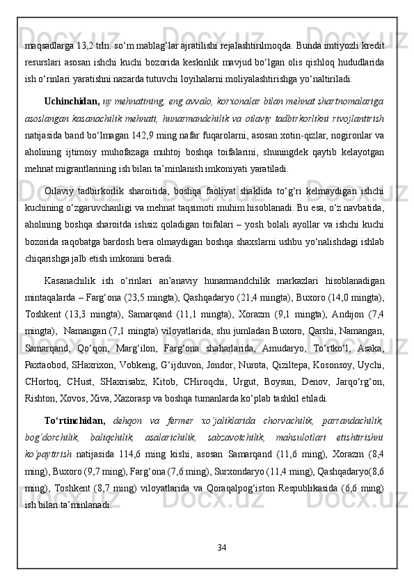 maqsadlarga 13,2 trln. s o‘ m mablag‘lar ajratilishi rejalashtirilmoqda. Bunda imtiyozli kredit
resurslari   asosan  ishchi   kuchi   bozorida  keskinlik   mavjud  bo‘lgan   olis   qishloq  hududlarida
ish o‘rinlari yaratishni nazarda tutuvchi loyi h alarni moliyalashtirishga yo‘naltiriladi. 
Uchinchidan,   uy mehnatining, eng avvalo, korxonalar bilan mehnat shartnomalariga
asoslangan   kasanachilik   mehnati,   hunarmandchilik   va   oilaviy  tadbirkorlikni   rivojlantirish
natijasida band bo‘lmagan 142,9 ming nafar fuqarolarni, asosan xotin-qizlar, nogironlar va
aholining   ijtimoiy   muhofazaga   muhtoj   boshqa   toifalarini,   shuningdek   qaytib   kelayotgan
mehnat migrantlarining ish bilan ta’minlanish imkoniyati yaratiladi.
Oilaviy   tadbirkorlik   sharoitida,   boshqa   faoliyat   shaklida   to‘g‘ri   kelmaydigan   ishchi
kuchining o‘zgaruvchanligi va mehnat taqsimoti muhim hisoblanadi. Bu esa, o‘z navbatida,
aholining  boshqa  sharoitda   ishsiz   qoladigan  toifalari   –  yosh  bolali  ayollar  va  ishchi   kuchi
bozorida raqobatga bardosh bera olmaydigan boshqa shaxslarni ushbu yo‘nalishdagi ishlab
chiqarishga jalb etish imkonini beradi.
Kasanachilik   ish   o‘rinlari   an’anaviy   hunarmandchilik   markazlari   hisoblanadigan
mintaqalarda – Farg‘ona (23,5 mingta), Qashqadaryo (21,4 mingta), Buxoro (14,0 mingta),
Toshkent   (13,3   mingta),   Samarqand   (11,1   mingta),   Xorazm   (9,1   mingta),   Andijon   (7,4
mingta),   Namangan (7,1 mingta) viloyatlarida, shu jumladan Buxoro, Qarshi, Namangan,
Samarqand,   Qo‘qon,   Marg‘ilon,   Farg‘ona   shaharlarida,   Amudaryo,   To‘rtko‘l,   Asaka,
Paxtaobod, SHaxrixon, Vobkeng, G‘ijduvon, Jondor, Nurota, Qiziltepa, Kosonsoy,  Uychi,
CHortoq,   CHust,   SHaxrisabz,   Kitob,   CHiroqchi,   Urgut,   Boysun,   Denov,   Jarqo‘rg‘on,
Rishton, Xovos, Xiva, Xazorasp va boshqa tumanlarda ko‘plab tashkil etiladi.
To‘rtinchidan,   dehqon   va   fermer   x o‘ jaliklarida   chorvachilik,   parrandachilik,
bog‘dorchilik,   baliqchilik,   asalarichilik,   sabzavotchilik,   mahsulotlari   etishtirishni
ko‘paytirish   natijasida   114,6   ming   kishi,   asosan   Samarqand   (11,6   ming),   Xorazm   (8,4
ming), Buxoro (9,7 ming), Farg‘ona (7,6 ming), Surxondaryo (11,4 ming), Qashqadaryo(8,6
ming),   Toshkent   (8,7   ming)   viloyatlarida   va   Qoraqalpog‘iston   Respublikasida   (6,6   ming)
ish bilan ta’minlanadi.
34