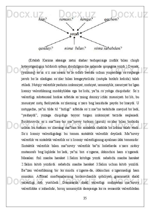 (Ertalab   Karima   akasiga   xatni   shahar   tashqarisiga   zudlik   bilan   chiqib
ketayotganligini bildirish uchun shoshilganicha qalamda qisqagina yozdi.) Demak,
[yozmoq]   so`zi   o`z   ma`nosini   to`la   ochib   berishi   uchun   yuqoridagi   so`roqlarga
javob   bo`la   oladigan   so`zlar   bilan   kengaytirilishi   (nutqda   birikib   kelishi)   talab
etiladi. Nutqiy valentlik yashirin imkoniyat, mohiyat, umumiylik, zaruriyat bo`lgan
lisoniy   valentlikning   moddiylikka   ega   bo`lishi,   ya ni   ro`yobga   chiqishidir.   So`z‟
valentligi   substansial   hodisa   sifatida   so`zning   doimiy   ichki   xususiyati   bo`lib,   bu
xususiyat   nutq   faoliyatida   so`zlarning   o`zaro   bog`lanishida   paydo   bo`lmaydi.   U
nutqqacha,   ya ni   tilda   til   “birligi”   sifatida   so`z   ma no   tarkibida   mavjud   bo`ladi,	
‟ ‟
“yashaydi”,   yuzaga   chiqishga   tayyor   turgan   imkoniyat   tarzida   saqlanadi.
Biriktiruvchi   so`z   ma lum   bir   ma noviy   turkum   (guruh)   so`zlar   bilan   birikishi	
‟ ‟
uchun   bu   turkum   so`zlarning   ma lum   bir   sintaktik   shaklda   bo`lishini   talab   etadi.	
‟
So`z   lisoniy   valentligidagi   bu   tomon   sintaktik   valentlik   deyiladi.   Ma noviy	
‟
valentlik va sintaktik valentlik so`z lisoniy valentligining ajralmas ikki tomonidir.
Sintaktik   valentlik   bilan   ma noviy   valentlik   ba zi   holatlarda   o`zaro   nisbiy	
‟ ‟
mutanosib   bog`liqlikda   bo`ladi,   ya ni   biri   o`zgarsa,   ikkinchisi   ham   o`zgaradi.	
‟
Masalan:   foil   manba   harakat   1.Salim   kitobga   yozdi.   sababchi   manba   harakat
2.Salim   kitob   yozdirdi.   sababchi   manba   harakat   3.Salim   uchun   kitob   yozildi.
Ba zan   valentlikning   bir   ko`rinishi   o`zgarsa-da,   ikkinchisi   o`zgarmasligi   ham	
‟
mumkin.   Affiksal   morfemalarning   birikuvchanlik   qobiliyati   grammatik   shakl
valentligi   deb   yuritiladi.   Grammatik   shakl   valentligi   mohiyatan   ma noviy	
‟
valentlikka   o`xshashdir,   biroq   umumiylik   darajasiga   ko`ra   semantik   valentlikdan
35 