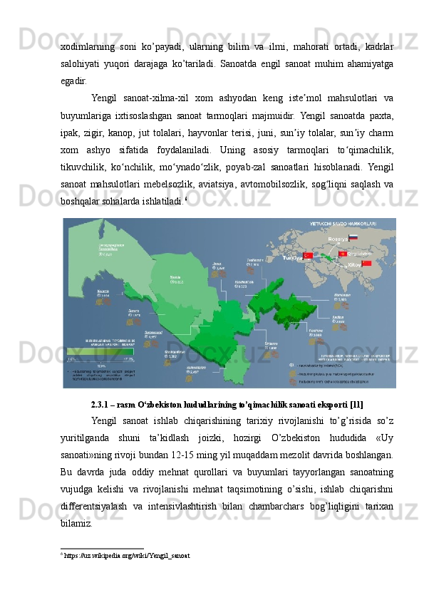 xodimlarning   soni   ko’payadi,   ularning   bilim   va   ilmi,   mahorati   ortadi,   kadrlar
salohiyati   yuqori   darajaga   ko’tariladi.   Sanoatda   engil   sanoat   muhim   ahamiyatga
egadir.
Yengil   sanoat-xilma-xil   xom   ashyodan   keng   iste mol   mahsulotlari   vaʼ
buyumlariga   ixtisoslashgan   sanoat   tarmoqlari   majmuidir.   Yengil   sanoatda   paxta,
ipak,   zigir,   kanop,   jut   tolalari,   hayvonlar   terisi,   juni,   sun iy   tolalar,   sun iy   charm	
ʼ ʼ
xom   ashyo   sifatida   foydalaniladi.   Uning   asosiy   tarmoqlari   to qimachilik,	
ʻ
tikuvchilik,   ko nchilik,   mo ynado zlik,   poyab-zal   sanoatlari   hisoblanadi.   Yengil	
ʻ ʻ ʻ
sanoat   mahsulotlari   mebelsozlik,   aviatsiya,   avtomobilsozlik,   sog liqni   saqlash   va	
ʻ
boshqalar sohalarda ishlatiladi. 6
2.3.1 – rasm O‘zbekiston hududlarining to’qimachilik sanoati eksporti [11]
Yengil   sanoat   ishlab   chiqarishining   tarixiy   rivojlanishi   to’g’risida   so’z
yuritilganda   shuni   ta’kidlash   joizki,   hozirgi   O’zbekiston   hududida   «Uy
sanoati»ning rivoji bundan 12-15 ming yil muqaddam mezolit davrida boshlangan.
Bu   davrda   juda   oddiy   mehnat   qurollari   va   buyumlari   tayyorlangan   sanoatning
vujudga   kelishi   va   rivojlanishi   mehnat   taqsimotining   o’sishi,   ishlab   chiqarishni
differentsiyalash   va   intensivlashtirish   bilan   chambarchars   bog’liqligini   tarixan
bilamiz.
6
  https://uz.wikipedia.org/wiki/Yengil_sanoat 