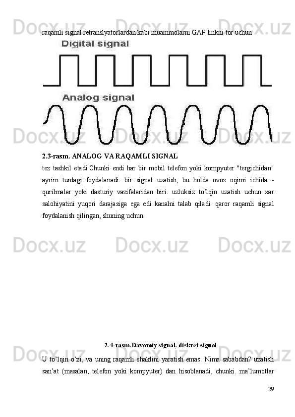 raqamli signal retranslyatorlardan kabi muammolarni GAP linkni tor uchun 
2.3-rasm. ANALOG VA RAQAMLI SIGNAL
tez   tashkil   etadi.Chunki   endi   har   bir   mobil   telefon   yoki   kompyuter   "tergichidan"
ayrim   turdagi   foydalanadi.   bir   signal   uzatish,   bu   holda   ovoz   oqimi   ichida   -
qurilmalar   yoki   dasturiy   vazifalaridan   biri.   uzluksiz   to’lqin   uzatish   uchun   xar
salohiyatini   yuqori   darajasiga   ega   edi   kanalni   talab   qiladi.   qaror   raqamli   signal
foydalanish qilingan, shuning uchun. 
U   to’lqin   o’zi,   va   uning   raqamli   shaklini   yaratish   emas.   Nima   sababdan?   uzatish
san’at   (masalan,   telefon   yoki   kompyuter)   dan   hisoblanadi,   chunki.   ma’lumotlar
29
