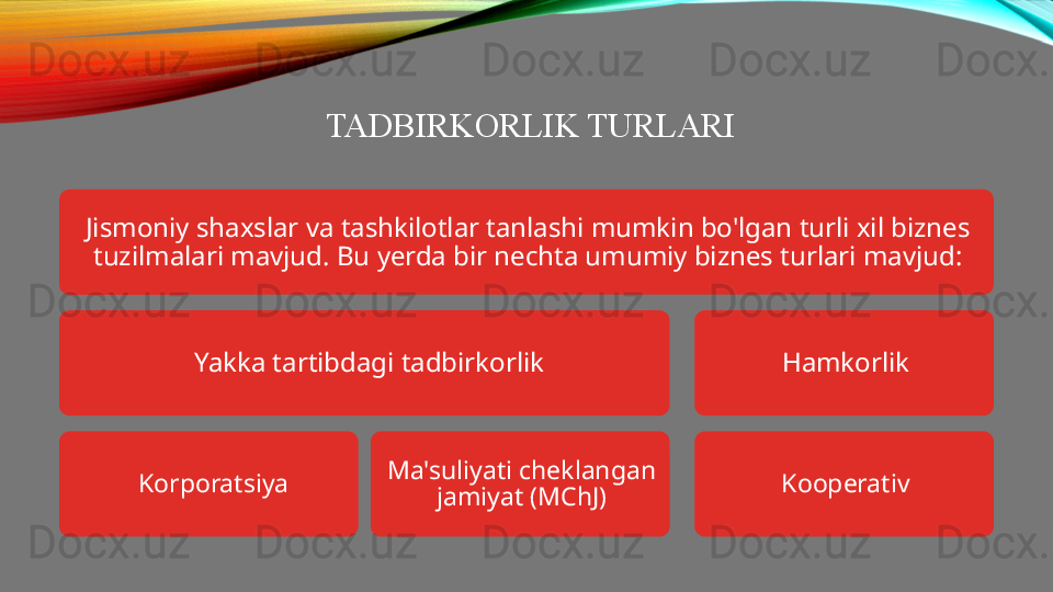 TADBIRKORLIK TURLARI
Jismoniy shaxslar va tashkilotlar tanlashi mumkin bo'lgan turli xil biznes 
tuzilmalari mavjud. Bu yerda bir nechta umumiy biznes turlari mavjud:
  Yakka tartibdagi tadbirkorlik
  Korporatsiya Ma'suliyati cheklangan 
jamiyat (MChJ) Hamkorlik
Kooperativ 