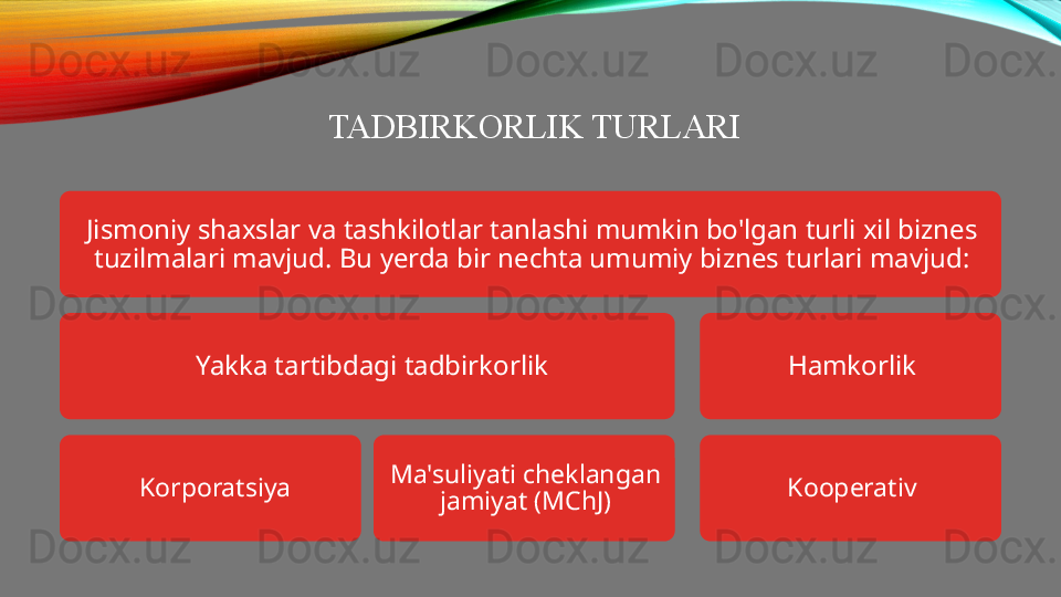 TADBIRKORLIK TURLARI
Jismoniy shaxslar va tashkilotlar tanlashi mumkin bo'lgan turli xil biznes 
tuzilmalari mavjud. Bu yerda bir nechta umumiy biznes turlari mavjud:
  Yakka tartibdagi tadbirkorlik
  Korporatsiya Ma'suliyati cheklangan 
jamiyat (MChJ) Hamkorlik
Kooperativ