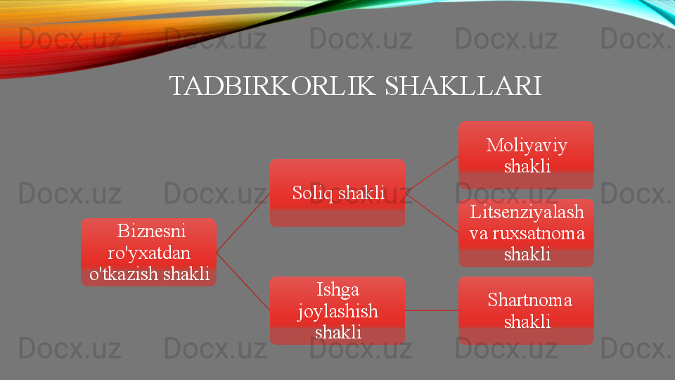 TADBIRKORLIK SHAKLLARI    
  Biznesni 
ro'yxatdan 
o'tkazish shakli Soliq shakli Moliyaviy 
shakli
Litsenziyalash 
va ruxsatnoma 
shakli
Ishga 
joylashish 
shakli   Shartnoma 
shakli 