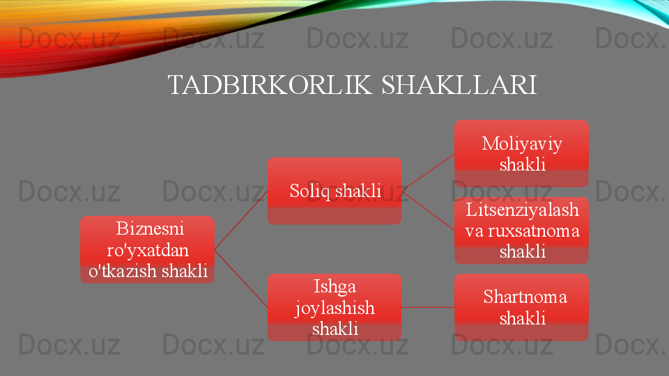 TADBIRKORLIK SHAKLLARI    
  Biznesni 
ro'yxatdan 
o'tkazish shakli Soliq shakli Moliyaviy 
shakli
Litsenziyalash 
va ruxsatnoma 
shakli
Ishga 
joylashish 
shakli   Shartnoma 
shakli