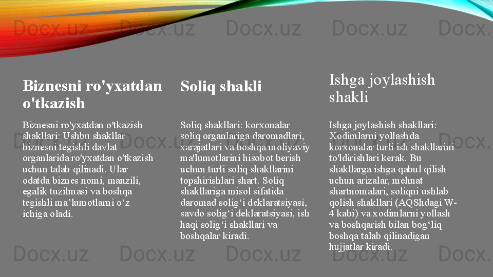 Biznesni ro'yxatdan 
o'tkazish
Biznesni ro'yxatdan o'tkazish 
shakllari: Ushbu shakllar 
biznesni tegishli davlat 
organlarida ro'yxatdan o'tkazish 
uchun talab qilinadi. Ular 
odatda biznes nomi, manzili, 
egalik tuzilmasi va boshqa 
tegishli ma lumotlarni o z ʼ ʻ
ichiga oladi. Soliq shakli
Soliq shakllari: korxonalar 
soliq organlariga daromadlari, 
xarajatlari va boshqa moliyaviy 
ma'lumotlarini hisobot berish 
uchun turli soliq shakllarini 
topshirishlari shart. Soliq 
shakllariga misol sifatida 
daromad solig i deklaratsiyasi, 	ʻ
savdo solig i deklaratsiyasi, ish 	
ʻ
haqi solig i shakllari va 	
ʻ
boshqalar kiradi. Ishga joylashish 
shakli
Ishga joylashish shakllari: 
Xodimlarni yollashda 
korxonalar turli ish shakllarini 
to'ldirishlari kerak. Bu 
shakllarga ishga qabul qilish 
uchun arizalar, mehnat 
shartnomalari, soliqni ushlab 
qolish shakllari (AQShdagi W-
4 kabi) va xodimlarni yollash 
va boshqarish bilan bog‘liq 
boshqa talab qilinadigan 
hujjatlar kiradi. 