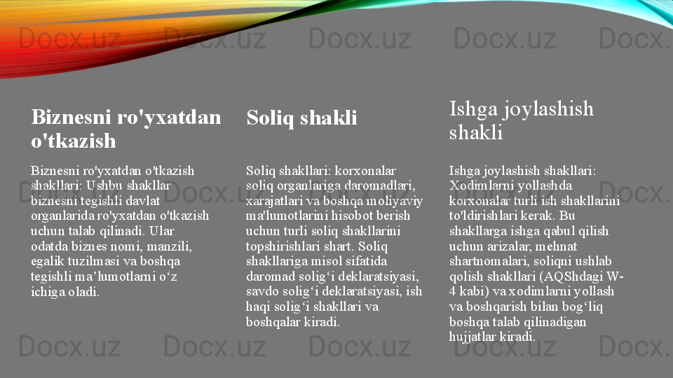 Biznesni ro'yxatdan 
o'tkazish
Biznesni ro'yxatdan o'tkazish 
shakllari: Ushbu shakllar 
biznesni tegishli davlat 
organlarida ro'yxatdan o'tkazish 
uchun talab qilinadi. Ular 
odatda biznes nomi, manzili, 
egalik tuzilmasi va boshqa 
tegishli ma lumotlarni o z ʼ ʻ
ichiga oladi. Soliq shakli
Soliq shakllari: korxonalar 
soliq organlariga daromadlari, 
xarajatlari va boshqa moliyaviy 
ma'lumotlarini hisobot berish 
uchun turli soliq shakllarini 
topshirishlari shart. Soliq 
shakllariga misol sifatida 
daromad solig i deklaratsiyasi, 	ʻ
savdo solig i deklaratsiyasi, ish 	
ʻ
haqi solig i shakllari va 	
ʻ
boshqalar kiradi. Ishga joylashish 
shakli
Ishga joylashish shakllari: 
Xodimlarni yollashda 
korxonalar turli ish shakllarini 
to'ldirishlari kerak. Bu 
shakllarga ishga qabul qilish 
uchun arizalar, mehnat 
shartnomalari, soliqni ushlab 
qolish shakllari (AQShdagi W-
4 kabi) va xodimlarni yollash 
va boshqarish bilan bog‘liq 
boshqa talab qilinadigan 
hujjatlar kiradi.