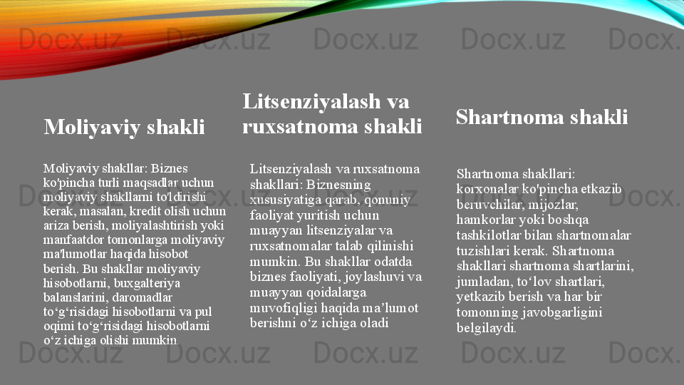 Moliyaviy shakli
Moliyaviy shakllar: Biznes 
ko'pincha turli maqsadlar uchun 
moliyaviy shakllarni to'ldirishi 
kerak, masalan, kredit olish uchun 
ariza berish, moliyalashtirish yoki 
manfaatdor tomonlarga moliyaviy 
ma'lumotlar haqida hisobot 
berish. Bu shakllar moliyaviy 
hisobotlarni, buxgalteriya 
balanslarini, daromadlar 
to‘g‘risidagi hisobotlarni va pul 
oqimi to‘g‘risidagi hisobotlarni 
o‘z ichiga olishi mumkin . Litsenziyalash va 
ruxsatnoma shakli
Litsenziyalash va ruxsatnoma 
shakllari: Biznesning 
xususiyatiga qarab, qonuniy 
faoliyat yuritish uchun 
muayyan litsenziyalar va 
ruxsatnomalar talab qilinishi 
mumkin. Bu shakllar odatda 
biznes faoliyati, joylashuvi va 
muayyan qoidalarga 
muvofiqligi haqida ma lumot ʼ
berishni o z ichiga oladi	
ʻ Shartnoma shakli
Shartnoma shakllari: 
korxonalar ko'pincha etkazib 
beruvchilar, mijozlar, 
hamkorlar yoki boshqa 
tashkilotlar bilan shartnomalar 
tuzishlari kerak. Shartnoma 
shakllari shartnoma shartlarini, 
jumladan, to lov shartlari, 	
ʻ
yetkazib berish va har bir 
tomonning javobgarligini 
belgilaydi . 