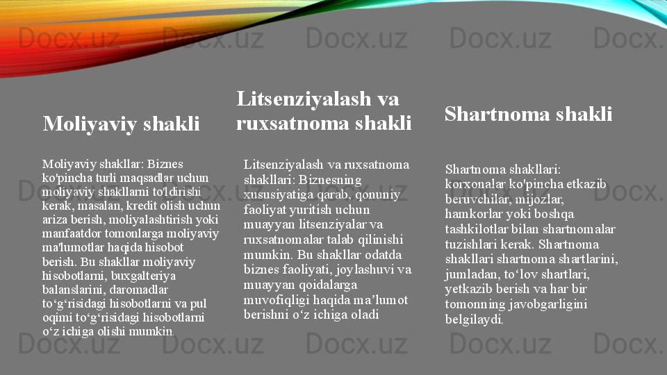 Moliyaviy shakli
Moliyaviy shakllar: Biznes 
ko'pincha turli maqsadlar uchun 
moliyaviy shakllarni to'ldirishi 
kerak, masalan, kredit olish uchun 
ariza berish, moliyalashtirish yoki 
manfaatdor tomonlarga moliyaviy 
ma'lumotlar haqida hisobot 
berish. Bu shakllar moliyaviy 
hisobotlarni, buxgalteriya 
balanslarini, daromadlar 
to‘g‘risidagi hisobotlarni va pul 
oqimi to‘g‘risidagi hisobotlarni 
o‘z ichiga olishi mumkin . Litsenziyalash va 
ruxsatnoma shakli
Litsenziyalash va ruxsatnoma 
shakllari: Biznesning 
xususiyatiga qarab, qonuniy 
faoliyat yuritish uchun 
muayyan litsenziyalar va 
ruxsatnomalar talab qilinishi 
mumkin. Bu shakllar odatda 
biznes faoliyati, joylashuvi va 
muayyan qoidalarga 
muvofiqligi haqida ma lumot ʼ
berishni o z ichiga oladi	
ʻ Shartnoma shakli
Shartnoma shakllari: 
korxonalar ko'pincha etkazib 
beruvchilar, mijozlar, 
hamkorlar yoki boshqa 
tashkilotlar bilan shartnomalar 
tuzishlari kerak. Shartnoma 
shakllari shartnoma shartlarini, 
jumladan, to lov shartlari, 	
ʻ
yetkazib berish va har bir 
tomonning javobgarligini 
belgilaydi .