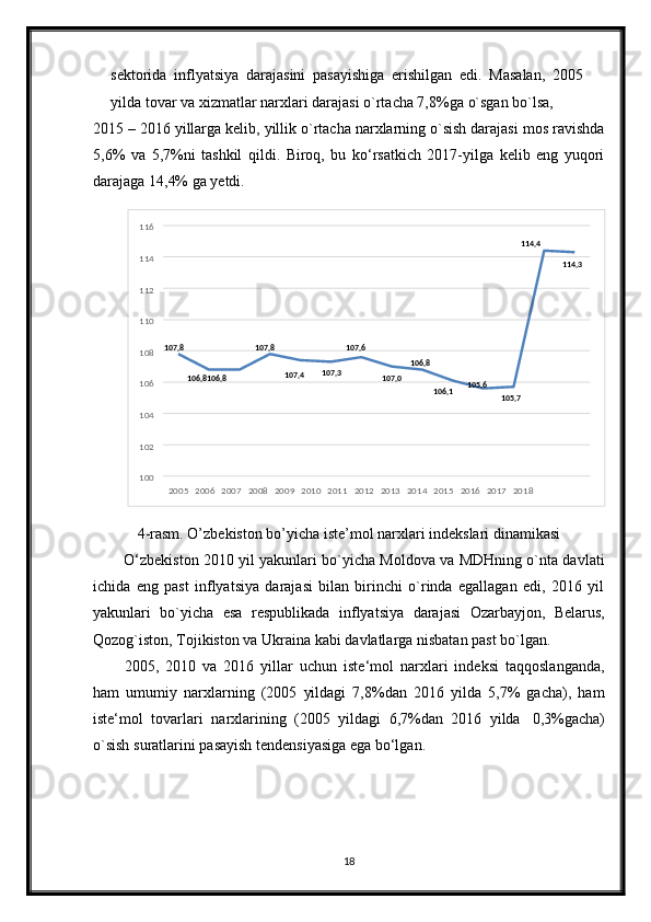 sektorida   inflyatsiya   darajasini   pasayishiga   erishilgan   edi.   Masalan,   2005
yilda   tovar   va   xizmatlar   narxlari   darajasi   o`rtacha 7,8%ga   o`sgan   bo`lsa,
2015 – 2016 yillarga kelib, yillik o`rtacha narxlarning o`sish darajasi mos ravishda
5,6%   va   5,7%ni   tashkil   qildi.   Biroq,   bu   ko‘rsatkich   2017-yilga   kelib   eng   yuqori
darajaga   14,4%   ga yetdi.
4-rasm. O’zbekiston bo’yicha iste’mol narxlari indekslari dinamikasi
O‘zbekiston 2010 yil yakunlari bo`yicha Moldova va MDHning o`nta davlati
ichida   eng   past   inflyatsiya   darajasi   bilan   birinchi   o`rinda   egallagan   edi,   2016   yil
yakunlari   bo`yicha   esa   respublikada   inflyatsiya   darajasi   Ozarbayjon,   Belarus,
Qozog`iston,   Tojikiston   va   Ukraina   kabi   davlatlarga   nisbatan   past   bo`lgan.
2005,   2010   va   2016   yillar   uchun   iste‘mol   narxlari   indeksi   taqqoslanganda,
ham   umumiy   narxlarning   (2005   yildagi   7,8%dan   2016   yilda   5,7%   gacha),   ham
iste‘mol   tovarlari   narxlarining   (2005   yildagi   6,7%dan   2016   yilda   0,3%gacha)
o`sish   suratlarini   pasayish tendensiyasiga ega   bo‘lgan.
18116
114,4
114
114,3
112
110
108 107,8 107,8 107,6
106,8
107,3
106 106,8106,8 107,4
107,0
106,1 105,6
105,7
104
102
100
2005     2006     2007     2008     2009     2010     2011     2012     2013     2014     2015     2016     2017     2018 