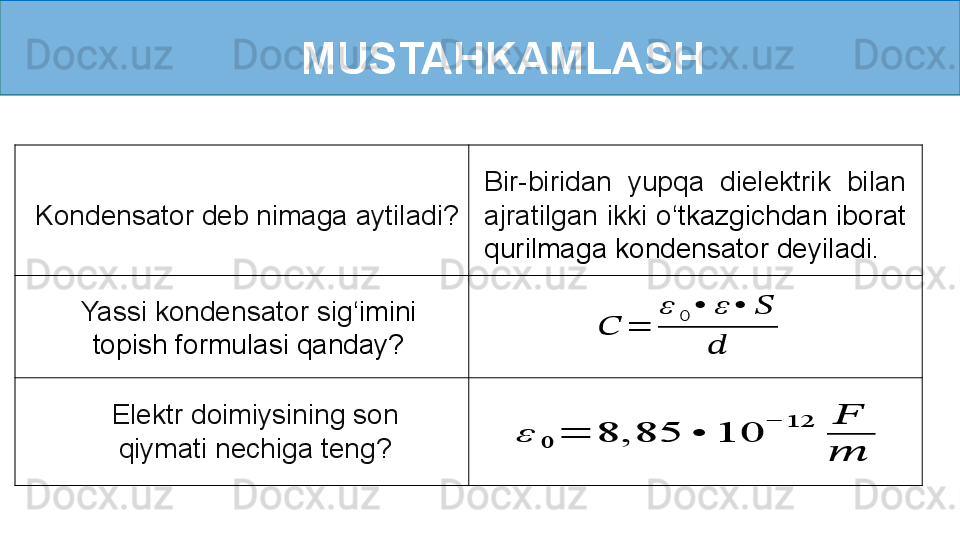 MUSTAHKAMLASHε	0	=	8,85	•	10	
−	12	??????
??????
Elektr doimiysining son 
qiymati nechiga teng?	
??????	=	
ε	0	•	ε	•	??????	
??????	
 Yassi kondensator sig ‘ imini 
topish formulasi qanday?Kondensator deb nimaga aytiladi? Bir-biridan  yupqa  dielektrik  bilan 
ajratilgan ikki o ‘ tkazgichdan iborat 
qurilmaga kondensator deyiladi. 