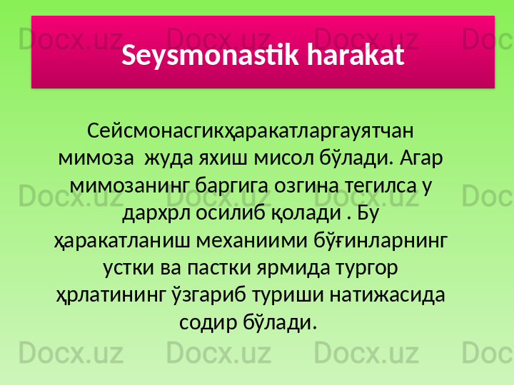 Seysmonastik harakat
Сейсмонасгикҳаракатларгауятчан 
мимоза  жуда яхиш мисол бўлади. Агар 
мимозанинг баргига о зги на тегилса у 
дархрл осилиб қолади . Бу 
ҳаракатланиш механиими бўғинларнинг 
устки ва пастки ярмида тургор 
ҳрлатининг ўзгариб туриши натижасида 
содир бўлади.   