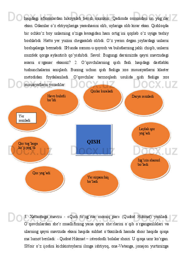 haqidagi   afsonalardan   hikoyalab   berish   mumkin:   Qadimda   osmondan   un   yog`ilar
ekan. Odamlar o’z ehtiyojlariga yarashasini olib, uylariga olib kirar ekan. Qishloqda
bir   ochko’z   boy   unlarning   o’ziga   keragidan   ham   ortig`ini   qoplab   o’z   uyiga   tashiy
boshlabdi.   Hatto   yer   yuzini   chegaralab   olibdi.   O’z   yerim   degan   joylardagi   unlarni
boshqalarga bermabdi. SHunda osmon-u quyosh va bulutlarning jahli chiqib, unlarni
muzdek   qorga   aylantirib   qo’yishibdi.   Savol:   Bugungi   darsimizda   qaysi   mavzudagi
asarni   o`rganar   ekansiz?   2.   O’quvchilarning   qish   fasli   haqidagi   dastlabki
tushunchalarini   aniqlash.   Buning   uchun   qish   fasliga   xos   xususiyatlarni   klaster
metodidan   foydalaniladi.   O’quvchilar   tarmoqlash   usulida   qish   fasliga   xos
xususiyatlarni yozadilar:
3.   Xattaxtaga   mavzu   -   «Qish   to’zg`itar   momiq   par»   (Qudrat   Hikmat)   yoziladi.
O’quvchilardan   she’r   muallifining   yana   qaysi   she`rlarini   o`qib   o`rganganliklari   va
ularning   qaysi   mavzuda   ekani   haqida   suhbat   o`tkaziladi   hamda   shoir   haqida   qisqa
ma`lumot beriladi: - Qudrat Hikmat − isteododli bolalar shoiri. U qisqa umr ko’rgan.
SHoir   o’z   ijodini   kichkintoylarni   ilmga   ishtiyoq,   ona-Vatanga,   jonajon   yurtimizga Havo bulutli 
bo’ldi Daryo muzladiQorlar kuraladi
Laylak qor 
yog’adi
Izg’irin shamol 
bo’ladi
Yer sirpanchiq 
bo’ladiQor yog’adiQor tog’larga 
ko’p yog’di QISHYer 
muzladi          