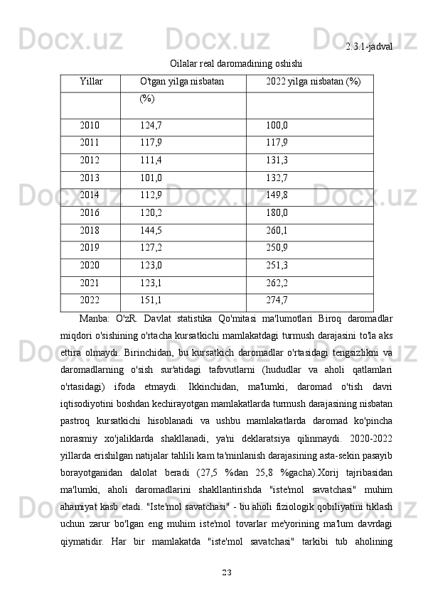 2.3.1-jadval
Oilalar real daromadining oshishi
Yillar O'tgan yilga nisbatan 2022 yilga nisbatan (%)
(%)
2010 124,7 100,0
2011 117,9 117,9
2012 111,4 131,3
2013 101,0 132,7
2014 112,9 149,8
2016 120,2 180,0
2018 144,5 260,1
2019 127,2 250,9
2020 123,0 251,3
2021 123,1 262,2
2022 151,1 274,7
Manba:   O'zR.   Davlat   statistika   Qo'mitasi   ma'lumotlari   Biroq   daromadlar
miqdori o'sishining o'rtacha kursatkichi mamlakatdagi turmush darajasini to'la aks
ettira   olmaydi.   Birinchidan,   bu   kursatkich   daromadlar   o'rtasidagi   tengsizlikni   va
daromadlarning   o'sish   sur'atidagi   tafovutlarni   (hududlar   va   aholi   qatlamlari
o'rtasidagi)   ifoda   etmaydi.   Ikkinchidan,   ma'lumki,   daromad   o'tish   davri
iqtisodiyotini boshdan kechirayotgan mamlakatlarda turmush darajasining nisbatan
pastroq   kursatkichi   hisoblanadi   va   ushbu   mamlakatlarda   daromad   ko'pincha
norasmiy   xo'jaliklarda   shakllanadi,   ya'ni   deklaratsiya   qilinmaydi.   2020-2022
yillarda erishilgan natijalar tahlili kam ta'minlanish darajasining asta-sekin pasayib
borayotganidan   dalolat   beradi   (27,5   %dan   25,8   %gacha).Xorij   tajribasidan
ma'lumki,   aholi   daromadlarini   shakllantirishda   "iste'mol   savatchasi"   muhim
ahamiyat kasb etadi. "Iste'mol savatchasi" - bu aholi fiziologik qobiliyatini tiklash
uchun   zarur   bo'lgan   eng   muhim   iste'mol   tovarlar   me'yorining   ma'lum   davrdagi
qiymatidir.   Har   bir   mamlakatda   "iste'mol   savatchasi"   tarkibi   tub   aholining
23