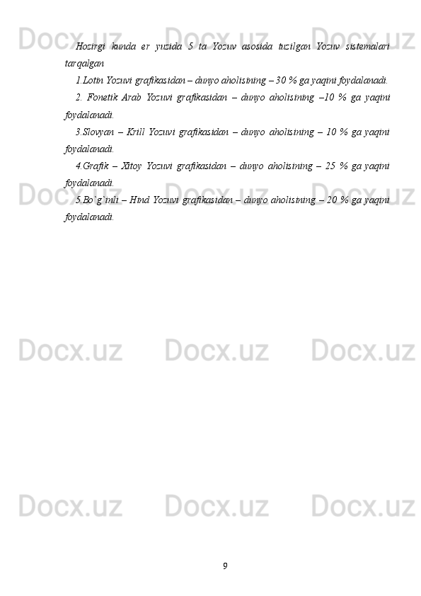 Hozirgi   kunda   er   yuzida   5   ta   Yozuv   asosida   tuzilgan   Yozuv   sistemalari
tarqalgan 
1.Lotin Yozuvi grafikasidan  –  dunyo aholisining  –  30 % ga yaqini foydalanadi.
2.   Fonetik   Arab   Yozuvi   grafikasidan   –   dunyo   aholisining   – 10   %   ga   yaqini
foydalanadi.
3.Slovyan   –   Krill   Yozuvi   grafikasidan   –   dunyo   aholisining   –   10   %   ga   yaqini
foydalanadi.
4.Grafik   –   Xitoy   Yozuvi   grafikasidan   –   dunyo   aholisining   –   25   %   ga   yaqini
foydalanadi.
5.Bo`g`inli – Hind Yozuvi grafikasidan – dunyo aholisining – 20 % ga yaqini
foydalanadi.
9 