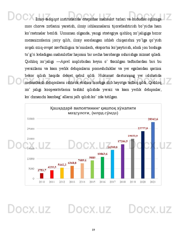 Ilmiy-tadqiqot institutlarida ertapishar mahsulot turlari va hududlar iqlimiga
mos   chorva   zotlarini   yaratish,   ilmiy   ishlanmalarni   tijoratlashtirish   bo’yicha   ham
ko’rsatmalar berildi. Umuman olganda, yangi strategiya qishloq xo’jaligiga bozor
mexanizmlarini   joriy   qilib,   ilmiy   asoslangan   ishlab   chiqarishni   yo’lga   qo’yish
orqali oziq-ovqat xavfsizligini ta’minlash, eksportni ko’paytirish, aholi jon boshiga
to’g’ri keladigan mahsulotlar hajmini bir necha barobarga oshirishga xizmat qiladi.
Qishloq   xo jaligiʻ   —Aprel   inqilobidan   keyin   o’   tkazilgan   tadbirlardan   biri   bu
yersizlarni   va   kam   yerlik   dehqonlarni   pomeshchiklar   va   yer   egalaridan   qarzini
bekor   qilish   haqida   dekret   qabul   qildi.   Hukumat   dasturining   yer   islohatida
mehnatkash dehqonlarni ishtirok etishini hisobga olib hayotga tadbiq qildi. Qishloq
xo’   jaligi   kooperativlarini   tashkil   qilishda   yersiz   va   kam   yerlik   dehqonlar,
kо`chmanchi kambag’ allarni jalb qilish ko’ zda tutilgan.
19 