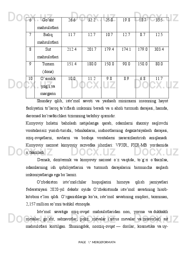 6 Go’sht
mahsulotlari 26.6 32.2 25.0 19.8 18.7 33.5
7 Baliq
mahsulotlari 11.7 12.7 10.7 12.7 8.7 12.5
8 Sut
mahsulotlari 212.4 201.7 179.4 174.1 179.0 303.4
9 Tuxum
(dona) 151.4 180.0 150.0 90.0 150.0 80.0
10 O’simlik
yog’i va
margarin 10.0 11.2 9.8 8.9 6.8 11.7
Shunday   qilib ,   iste ’ mol   savoti   va   yashash   minimumi   insonning   hayot
faoliyatini   to ’ laroq   ta ’ riflash   imkonini   beradi   va   u   aholi   turmush   darajasi ,   hamda ,
daromad   ko ’ rsatkichlari   tizimining   tarkibiy   qismidir .
Kimyoviy   holatni   baholash   natijalariga   qarab ,   odamlarni   shaxsiy   saqlovchi
vositalarisiz   yurish - turishi ,   tehnikalarni ,   inshootlarning   degazatsiyalash   darajasi ,
oziq - ovqatlarni ,   suvlarni   va   boshqa   vositalarni   zararsizlantirish   aniqlanadi .
Kimyoviy   nazorat   kimyoviy   razvedka   jihozlari :   VPXR ,   PXR - MB   yordamida
o ` tkaziladi .
          Demak ,   dozitermik   va   kimyoviy   nazorat   o ` z   vaqtida ,   to ` g ` ri   o ` tkazilsa ,
odamlarning   ish   qobiliyatlarini   va   turmush   darajalarini   birmuncha   saqlash
imkoniyatlariga   ega   bo ` lamiz .
O ’ zbekiston   iste ’ molchilar   huquqlarini   himoya   qilish   jamiyatlari
federatsiyasi   2020- yil   dekabr   oyida   O ’ zbekistonda   iste ’ mol   savatining   hisob -
kitobini   e ’ lon   qildi .   O’rganishlarga   ko’ra,   iste’mol   savatining   miqdori,   taxminan,
2,157 million so’mni tashkil etmoqda.
Iste’mol   savatiga   oziq-ovqat   mahsulotlaridan   non,   yorma   va   dukkakli
mevalar,   go’sht,   sabzavotlar,   poliz,   mevalar   (sitrus   mevalar   va   ziravorlar)   sut
mahsulotlari   kiritilgan.   Shuningdek,   nooziq-ovqat   —   dorilar,   kosmetika   va   uy-
PAGE   \* MERGEFORMAT4 