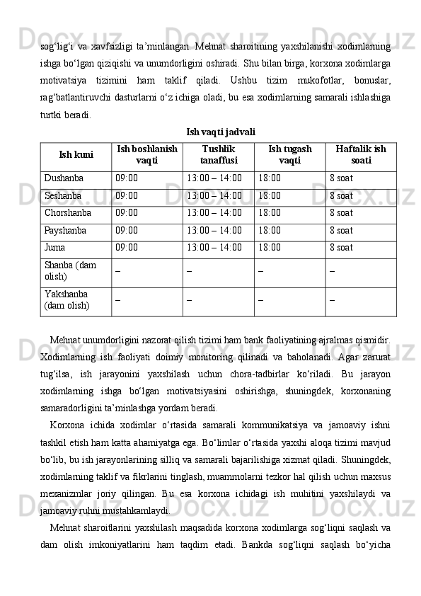 sog‘lig‘i   va   xavfsizligi   ta’minlangan.   Mehnat   sharoitining   yaxshilanishi   xodimlarning
ishga bo‘lgan qiziqishi va unumdorligini oshiradi. Shu bilan birga, korxona xodimlarga
motivatsiya   tizimini   ham   taklif   qiladi.   Ushbu   tizim   mukofotlar,   bonuslar,
rag‘batlantiruvchi dasturlarni o‘z ichiga oladi, bu esa xodimlarning samarali ishlashiga
turtki beradi.
Ish vaqti jadvali
Ish kuni Ish boshlanish
vaqti Tushlik
tanaffusi Ish tugash
vaqti Haftalik ish
soati
Dushanba 09:00 13:00 – 14:00 18:00 8 soat
Seshanba 09:00 13:00 – 14:00 18:00 8 soat
Chorshanba 09:00 13:00 – 14:00 18:00 8 soat
Payshanba 09:00 13:00 – 14:00 18:00 8 soat
Juma 09:00 13:00 – 14:00 18:00 8 soat
Shanba (dam 
olish) – – – –
Yakshanba 
(dam olish) – – – –
Mehnat unumdorligini nazorat qilish tizimi ham bank faoliyatining ajralmas qismidir.
Xodimlarning   ish   faoliyati   doimiy   monitoring   qilinadi   va   baholanadi.   Agar   zarurat
tug‘ilsa,   ish   jarayonini   yaxshilash   uchun   chora-tadbirlar   ko‘riladi.   Bu   jarayon
xodimlarning   ishga   bo‘lgan   motivatsiyasini   oshirishga,   shuningdek,   korxonaning
samaradorligini ta’minlashga yordam beradi.
Korxona   ichida   xodimlar   o‘rtasida   samarali   kommunikatsiya   va   jamoaviy   ishni
tashkil etish ham katta ahamiyatga ega. Bo‘limlar o‘rtasida yaxshi aloqa tizimi mavjud
bo‘lib, bu ish jarayonlarining silliq va samarali bajarilishiga xizmat qiladi. Shuningdek,
xodimlarning taklif va fikrlarini tinglash, muammolarni tezkor hal qilish uchun maxsus
mexanizmlar   joriy   qilingan.   Bu   esa   korxona   ichidagi   ish   muhitini   yaxshilaydi   va
jamoaviy ruhni mustahkamlaydi.
Mehnat  sharoitlarini yaxshilash  maqsadida korxona xodimlarga sog‘liqni  saqlash  va
dam   olish   imkoniyatlarini   ham   taqdim   etadi.   Bankda   sog‘liqni   saqlash   bo‘yicha 