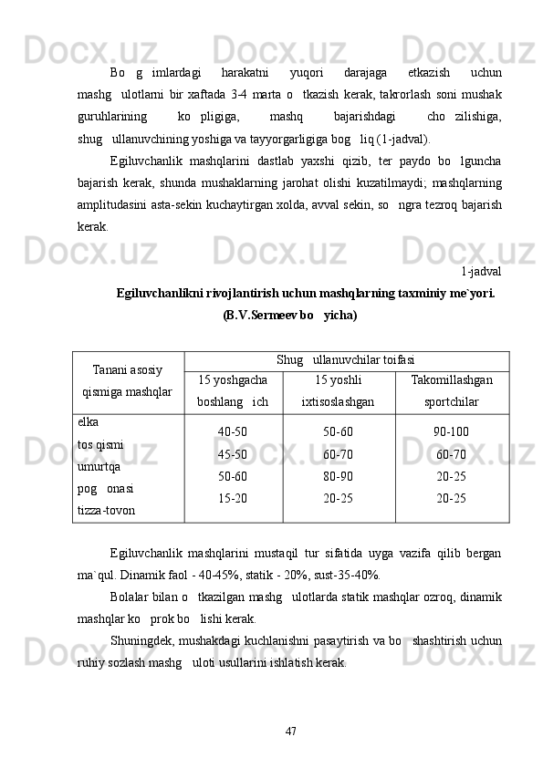 Bo g imlardagi   harakatni   yuqori   darajaga   etkazish   uchun 
mashg ulotlarni   bir   xaftada   3-4   marta   o tkazish   kerak,   takrorlash   soni   mushak	
 
guruhlarining   ko pligiga,   mashq   bajarishdagi   cho zilishiga,	
 
shug ullanuvchining yoshiga va tayyorgarligiga bog liq (	
  1 -jadval).
Egiluvchanlik   mashqlarini   dastlab   yaxshi   qizib,   ter   paydo   bo lguncha	

bajarish   kerak,   shunda   mushaklarning   jarohat   olishi   kuzatilmaydi;   mashqlarning
amplitudasini asta-sekin kuchaytirgan xolda, avval sekin, so ngra tezroq bajarish	

kerak.
1 -jadval
Egiluvchanlikni rivojlantirish uchun mashqlarning taxminiy me`yori.
(B.V.Sermeev bo yicha)	

Tanani asosiy
qismiga mashqlar Shug ullanuvchilar toifasi	

15 yoshgacha
boshlang ich	
 15 yoshli
ixtisoslashgan Takomillashgan
sportchilar
elka
tos qismi
umurtqa 
pog onasi	

tizza-tovon 40-50
45-50
50-60
15-20 50-60
60-70
80-90
20-25 90-100
60-70
20-25
20-25
Egiluvchanlik   mashqlarini   mustaqil   tur   sifatida   uyga   vazifa   qilib   bergan
ma`qul. Dinamik faol - 40-45%, statik - 20%, sust-35-40%.
Bolalar bilan o tkazilgan mashg ulotlarda statik mashqlar ozroq, dinamik	
 
mashqlar ko prok bo lishi kerak.	
 
Shuningdek, mushakdagi kuchlanishni pasaytirish va bo shashtirish uchun	

ruhiy sozlash mashg uloti usullarini ishlatish kerak.	

47 