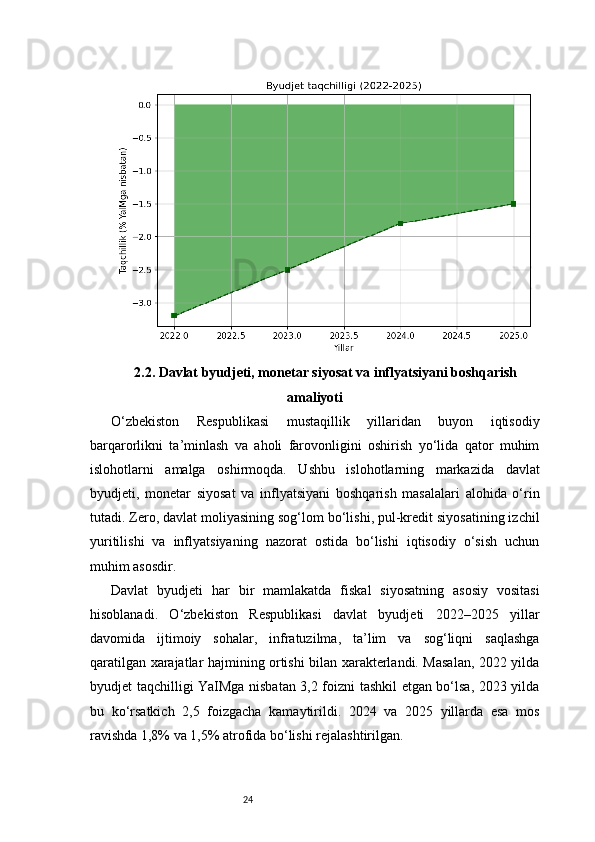 242.2. Davlat byudjeti, monetar siyosat va inflyatsiyani boshqarish
amaliyoti
O‘zbekiston   Respublikasi   mustaqillik   yillaridan   buyon   iqtisodiy
barqarorlikni   ta’minlash   va   aholi   farovonligini   oshirish   yo‘lida   qator   muhim
islohotlarni   amalga   oshirmoqda.   Ushbu   islohotlarning   markazida   davlat
byudjeti,   monetar   siyosat   va   inflyatsiyani   boshqarish   masalalari   alohida   o‘rin
tutadi. Zero, davlat moliyasining sog‘lom bo‘lishi, pul-kredit siyosatining izchil
yuritilishi   va   inflyatsiyaning   nazorat   ostida   bo‘lishi   iqtisodiy   o‘sish   uchun
muhim asosdir.
Davlat   byudjeti   har   bir   mamlakatda   fiskal   siyosatning   asosiy   vositasi
hisoblanadi.   O‘zbekiston   Respublikasi   davlat   byudjeti   2022–2025   yillar
davomida   ijtimoiy   sohalar,   infratuzilma,   ta’lim   va   sog‘liqni   saqlashga
qaratilgan xarajatlar hajmining ortishi bilan xarakterlandi. Masalan, 2022 yilda
byudjet taqchilligi YaIMga nisbatan 3,2 foizni tashkil etgan bo‘lsa, 2023 yilda
bu   ko‘rsatkich   2,5   foizgacha   kamaytirildi.   2024   va   2025   yillarda   esa   mos
ravishda 1,8% va 1,5% atrofida bo‘lishi rejalashtirilgan. 