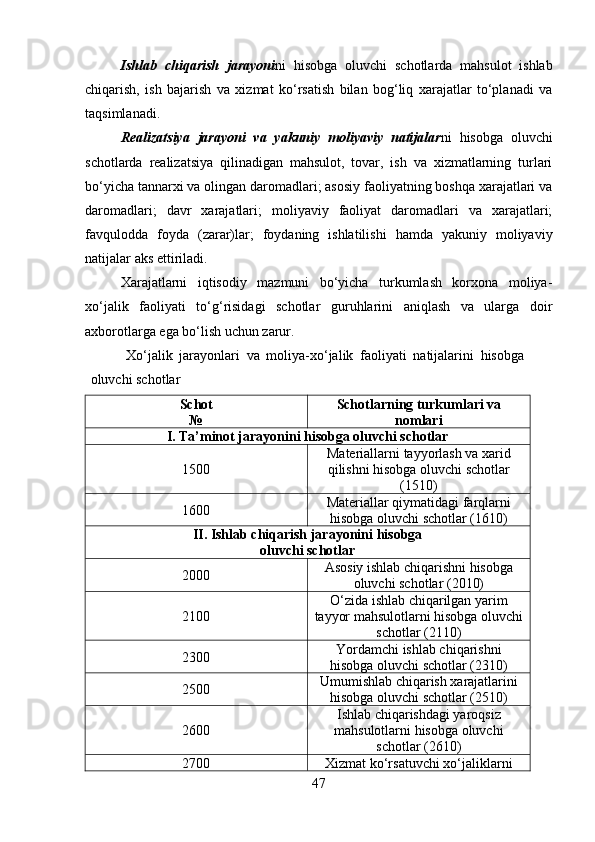 Ishlab   chiqarish   jarayoni ni   hisobga   oluvchi   schotlarda   mahsulot   ishlab
chiqarish,   ish   bajarish   va   xizmat   ko‘rsatish   bilan   bog‘liq   xarajatlar   to‘planadi   va
taqsimlanadi. 
Realizatsiya   jarayoni   va   yakuniy   moliyaviy   natijalar ni   hisobga   oluvchi
schotlarda   realizatsiya   qilinadigan   mahsulot,   tovar,   ish   va   xizmatlarning   turlari
bo‘yicha tannarxi va olingan daromadlari; asosiy faoliyatning boshqa xarajatlari va
daromadlari;   davr   xarajatlari;   moliyaviy   faoliyat   daromadlari   va   xarajatlari;
favqulodda   foyda   (zarar)lar;   foydaning   ishlatilishi   hamda   yakuniy   moliyaviy
natijalar aks ettiriladi. 
Xarajatlarni   iqtisodiy   mazmuni   bo‘yicha   turkumlash   korxona   moliya-
xo‘jalik   faoliyati   to‘g‘risidagi   schotlar   guruhlarini   aniqlash   va   ularga   doir
axborotlarga ega bo‘lish uchun zarur.
Xo‘jalik   jarayonlari   va   moliya-xo‘jalik   faoliyati   natijalarini   hisobga
oluvchi schotlar 
Schot
№ Schotlarning turkumlari va
nomlari
I. Ta’minot jarayonini hisobga oluvchi schotlar
1500 Materiallarni tayyorlash va xarid
qilishni hisobga oluvchi schotlar
(1510)
1600 Materiallar qiymatidagi farqlarni
hisobga oluvchi schotlar (1610)
II. Ishlab chiqarish jarayonini hisobga
oluvchi schotlar
2000 Asosiy ishlab chiqarishni hisobga
oluvchi schotlar (2010)
2100 O‘zida ishlab chiqarilgan yarim
tayyor mahsulotlarni hisobga oluvchi
schotlar (2110)
2300 Yordamchi ishlab chiqarishni
hisobga oluvchi schotlar (2310)
2500 Umumishlab chiqarish xarajatlarini
hisobga oluvchi schotlar (2510)
2600 Ishlab chiqarishdagi yaroqsiz
mahsulotlarni hisobga oluvchi
schotlar (2610)
2700 Xizmat ko‘rsatuvchi xo‘jaliklarni
47 