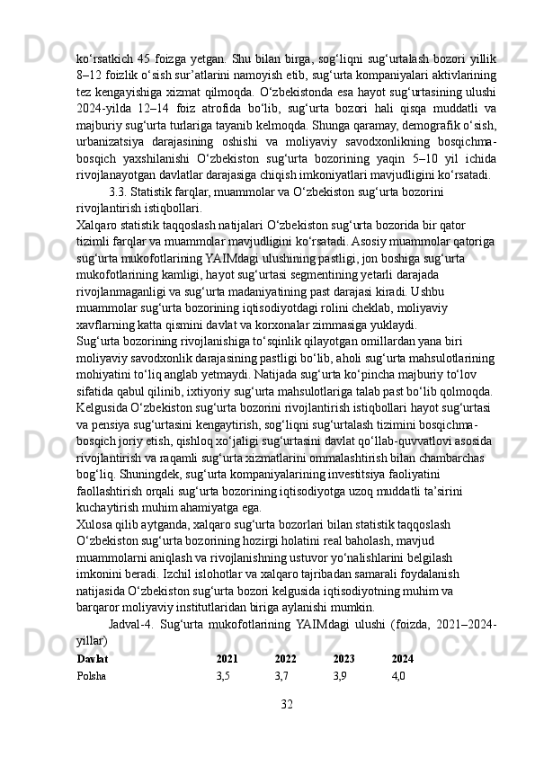 ko‘rsatkich  45  foizga  yetgan.  Shu bilan  birga,  sog‘liqni   sug‘urtalash  bozori   yillik
8–12 foizlik o‘sish sur’atlarini namoyish etib, sug‘urta kompaniyalari aktivlarining
tez kengayishiga xizmat qilmoqda. O‘zbekistonda esa hayot sug‘urtasining ulushi
2024-yilda   12–14   foiz   atrofida   bo‘lib,   sug‘urta   bozori   hali   qisqa   muddatli   va
majburiy sug‘urta turlariga tayanib kelmoqda. Shunga qaramay, demografik o‘sish,
urbanizatsiya   darajasining   oshishi   va   moliyaviy   savodxonlikning   bosqichma-
bosqich   yaxshilanishi   O‘zbekiston   sug‘urta   bozorining   yaqin   5–10   yil   ichida
rivojlanayotgan davlatlar darajasiga chiqish imkoniyatlari mavjudligini ko‘rsatadi.
3.3. Statistik farqlar, muammolar va O‘zbekiston sug‘urta bozorini 
rivojlantirish istiqbollari.
Xalqaro statistik taqqoslash natijalari O‘zbekiston sug‘urta bozorida bir qator 
tizimli farqlar va muammolar mavjudligini ko‘rsatadi. Asosiy muammolar qatoriga
sug‘urta mukofotlarining YAIMdagi ulushining pastligi, jon boshiga sug‘urta 
mukofotlarining kamligi, hayot sug‘urtasi segmentining yetarli darajada 
rivojlanmaganligi va sug‘urta madaniyatining past darajasi kiradi. Ushbu 
muammolar sug‘urta bozorining iqtisodiyotdagi rolini cheklab, moliyaviy 
xavflarning katta qismini davlat va korxonalar zimmasiga yuklaydi.
Sug‘urta bozorining rivojlanishiga to‘sqinlik qilayotgan omillardan yana biri 
moliyaviy savodxonlik darajasining pastligi bo‘lib, aholi sug‘urta mahsulotlarining
mohiyatini to‘liq anglab yetmaydi. Natijada sug‘urta ko‘pincha majburiy to‘lov 
sifatida qabul qilinib, ixtiyoriy sug‘urta mahsulotlariga talab past bo‘lib qolmoqda.
Kelgusida O‘zbekiston sug‘urta bozorini rivojlantirish istiqbollari hayot sug‘urtasi 
va pensiya sug‘urtasini kengaytirish, sog‘liqni sug‘urtalash tizimini bosqichma-
bosqich joriy etish, qishloq xo‘jaligi sug‘urtasini davlat qo‘llab-quvvatlovi asosida 
rivojlantirish va raqamli sug‘urta xizmatlarini ommalashtirish bilan chambarchas 
bog‘liq. Shuningdek, sug‘urta kompaniyalarining investitsiya faoliyatini 
faollashtirish orqali sug‘urta bozorining iqtisodiyotga uzoq muddatli ta’sirini 
kuchaytirish muhim ahamiyatga ega.
Xulosa qilib aytganda, xalqaro sug‘urta bozorlari bilan statistik taqqoslash 
O‘zbekiston sug‘urta bozorining hozirgi holatini real baholash, mavjud 
muammolarni aniqlash va rivojlanishning ustuvor yo‘nalishlarini belgilash 
imkonini beradi. Izchil islohotlar va xalqaro tajribadan samarali foydalanish 
natijasida O‘zbekiston sug‘urta bozori kelgusida iqtisodiyotning muhim va 
barqaror moliyaviy institutlaridan biriga aylanishi mumkin.
Jadval-4.   Sug‘urta   mukofotlarining   YAIMdagi   ulushi   (foizda,   2021–2024-
yillar)
Davlat 2021 2022 2023 2024
Polsha 3,5 3,7 3,9 4,0
32 