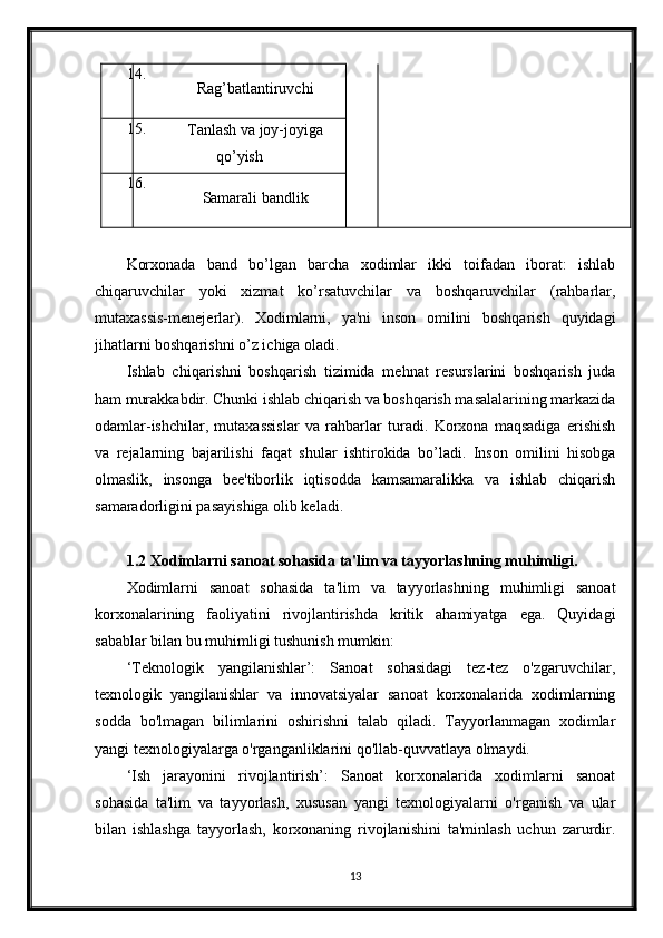 14.
Rag’batlantiruvchi
15.
Tanlash va joy-joyiga
qo’yish
16.
Samarali bandlik
Korxonada   band   bo’lgan   barcha   xodimlar   ikki   toifadan   iborat:   ishlab
chiqaruvchilar   yoki   xizmat   ko’rsatuvchilar   va   boshqaruvchilar   (rahbarlar,
mutaxassis-menejerlar).   Xodimlarni,   ya'ni   inson   omilini   boshqarish   quyidagi
jihatlarni boshqarishni o’z ichiga oladi.
Ishlab   chiqarishni   boshqarish   tizimida   mehnat   resurslarini   boshqarish   juda
ham murakkabdir. Chunki ishlab chiqarish va boshqarish masalalarining markazida
odamlar-ishchilar,   mutaxassislar   va   rahbarlar   turadi.   Korxona   maqsadiga   erishish
va   rejalarning   bajarilishi   faqat   shular   ishtirokida   bo’ladi.   Inson   omilini   hisobga
olmaslik,   insonga   bee'tiborlik   iqtisodda   kamsamaralikka   va   ishlab   chiqarish
samaradorligini pasayishiga olib keladi.
1.2 Xodimlarni sanoat sohasida ta'lim va tayyorlashning muhimligi.
Xodimlarni   sanoat   sohasida   ta'lim   va   tayyorlashning   muhimligi   sanoat
korxonalarining   faoliyatini   rivojlantirishda   kritik   ahamiyatga   ega.   Quyidagi
sabablar bilan bu muhimligi tushunish mumkin:
‘Teknologik   yangilanishlar’:   Sanoat   sohasidagi   tez-tez   o'zgaruvchilar,
texnologik   yangilanishlar   va   innovatsiyalar   sanoat   korxonalarida   xodimlarning
sodda   bo'lmagan   bilimlarini   oshirishni   talab   qiladi.   Tayyorlanmagan   xodimlar
yangi texnologiyalarga o'rganganliklarini qo'llab-quvvatlaya olmaydi.
‘Ish   jarayonini   rivojlantirish’:   Sanoat   korxonalarida   xodimlarni   sanoat
sohasida   ta'lim   va   tayyorlash,   xususan   yangi   texnologiyalarni   o'rganish   va   ular
bilan   ishlashga   tayyorlash,   korxonaning   rivojlanishini   ta'minlash   uchun   zarurdir.
13 