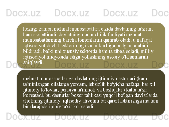 hozirgi   zamon   mehnat   munosabatlari   o'zida   davlatning   ta ' sirini  
ham   aks   ettiradi .  davlatning   qonunchilik   faoliyati   mehnat  
munosabatlarining   barcha   tomonlarini   qamrab   oladi .  u   nafaqat  
iqtisodiyot   davlat   sektorining   ishchi   kuchiga   bo'lgan   talabini  
bildiradi ,  balki   uni   xususiy   sektorda   ham   tartibga   soladi ,  milliy  
iqtisodiyot   miqyosida   ishga   yollashning   asosiy   o'lchamlarini  
aniqlaydi .
mehnat   munosabatlariga   davlatning   ijtimoiy   dasturlari  ( kam  
ta ' minlangan   oilalarga   yordam ,  ishsizlik   bo'yicha   nafaqa ,  har   xil  
ijtimoiy   to'lovlar ,  pensiya   ta ' minoti   va   boshqalar )  katta   ta ' sir  
ko'rsatadi .  bu   dasturlar   bozor   tahlikasi   yuqori   bo'lgan   davlatlarda  
aholining   ijtimoiy – iqtisodiy   ahvolini   barqarorlashtirishga   ma ' lum  
bir   darajada   ijobiy   ta ' sir   ko'rsatadi .   