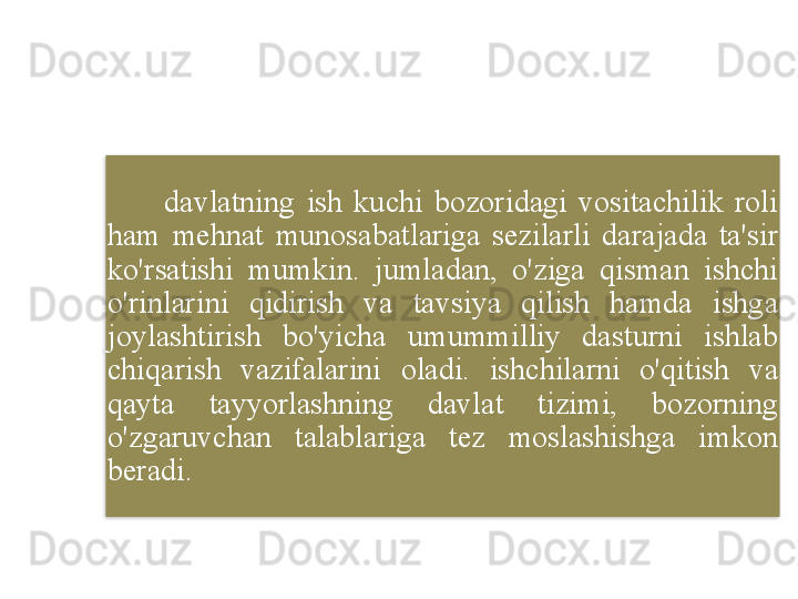           davlatning   ish   kuchi   bozoridagi   vositachilik   roli  
ham   mehnat   munosabatlariga   sezilarli   darajada   ta ' sir  
ko'rsatishi   mumkin .  jumladan ,  o'ziga   qisman   ishchi  
o'rinlarini   qidirish   va   tavsiya   qilish   hamda   ishga  
joylashtirish   bo'yicha   umummilliy   dasturni   ishlab  
chiqarish   vazifalarini   oladi .  ishchilarni   o'qitish   va  
qayta   tayyorlashning   davlat   tizimi ,  bozorning  
o'zgaruvchan   talablariga   tez   moslashishga   imkon  
beradi .  