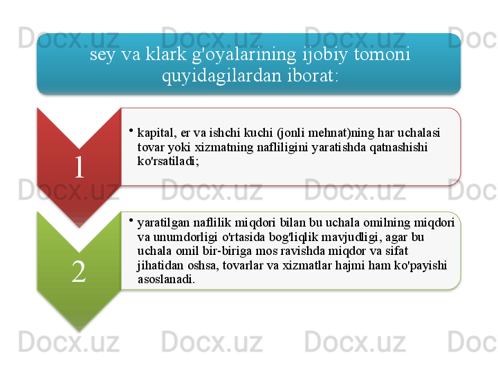 sey   va   klark   g'oyalarining   ijobiy   tomoni  
quyidagilardan   iborat :
1 •
kapital ,  er   va   ishchi   kuchi  ( jonli   mehnat ) ning   har   uchalasi  
tovar   yoki   xizmatning   nafliligini   yaratishda   qatnashishi  
ko'rsatiladi ;
2 •
yaratilgan   naflilik   miqdori   bilan   bu   uchala   omilning   miqdori  
va   unumdorligi   o'rtasida   bog'liqlik   mavjudligi ,  agar   bu  
uchala   omil   bir - biriga   mos   ravishda   miqdor   va   sifat  
jihatidan   oshsa ,  tovarlar   va   xizmatlar   hajmi   ham   ko'payishi  
asoslanadi .        