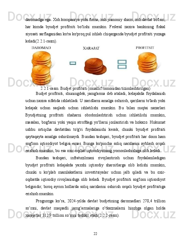 daromadga ega. Xoh kompaniya yoki firma, xoh jismoniy shaxs, xoh davlat bo'lsin,
har   kimda   byudjet   profitsiti   bo'lishi   mumkin.   Federal   zaxira   bankining   fiskal
siyosati sarflaganidan ko'ra ko'proq pul ishlab chiqarganda byudjet profitsiti yuzaga
keladi(2.2.1-rasm). 
2.2.1-rasm. Budjet profitsiti (muallif tomonidan tizimlashtirilgan) 
Budjet   profitsiti,   shuningdek,   jamg'arma   deb   ataladi,   kelajakda   foydalanish
uchun zaxira sifatida ishlatiladi. U xaridlarni amalga oshirish, qarzlarni to'lash yoki
kelajak   uchun   saqlash   uchun   ishlatilishi   mumkin.   Bu   bilan   nuqtai   nazarlari
Byudjetning   profitsiti   shaharni   obodonlashtirish   uchun   ishlatilishi   mumkin,
masalan,   bog'larni  yoki  yaqin  atrofdagi   yo'llarni   jonlantirish  va   hokazo.  Hukumat
ushbu   ortiqcha   davlatdan   to'g'ri   foydalanishi   kerak,   chunki   byudjet   profitsiti
qaytaqayta amalga oshirilmaydi. Bundan tashqari, byudjet profitsiti har doim ham
sog'lom   iqtisodiyot   belgisi   emas.   Bunga   ko'pincha   soliq   narxlarini   ayblash   orqali
erishish mumkin, bu esa oxir-oqibat iqtisodiyotning yomonlashishiga olib keladi. 
Bundan   tashqari,   infratuzilmani   rivojlantirish   uchun   foydalaniladigan
byudjet   profitsiti   kelajakda   yaxshi   iqtisodiy   sharoitlarga   olib   kelishi   mumkin,
chunki   u   ko'plab   mamlakatlarni   investitsiyalar   uchun   jalb   qiladi   va   bu   oxir-
oqibatda   iqtisodiy   rivojlanishga   olib   keladi.   Byudjet   profitsiti   sog'lom   iqtisodiyot
belgisidir; biroq ayrim hollarda soliq narxlarini oshirish orqali byudjet profitsitiga
erishish mumkin. 
Prognozga   ko’ra,   2024-yilda   davlat   budjetining   daromadlari   270,4   trillion
so’mni,   davlat   maqsadli   jamg’armalariga   o’tkazmalarni   hisobga   olgan   holda
xarajatlar 312,9 trillion so’mni tashkil etadi(2.2.2-rasm). 
22  
  