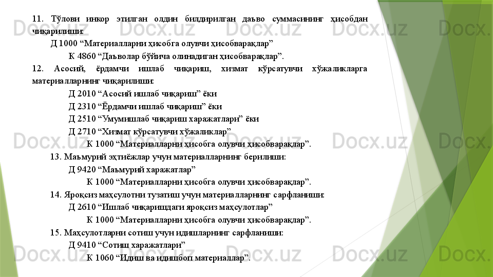 11.  Тўлови  инкор  этилган  олдин  билдирилган  даъво  суммасининг  ҳисобдан 
чиқарилиши: 
Д 1000 “Материалларни ҳисобга олувчи ҳисобварақлар” 
К 4860 “Даъволар бўйича олинадиган ҳисобварақлар”. 
12.  Асосий,  ёрдамчи  ишлаб  чиқариш,  хизмат  кўрсатувчи  хўжаликларга 
материалларнинг чиқарилиши: 
Д 2010 “Асосий ишлаб чиқариш” ёки 
Д 2310 “Ёрдамчи ишлаб чиқариш” ёки 
Д 2510 “Умумишлаб чиқариш харажатлари” ёки 
Д 2710 “Хизмат кўрсатувчи хўжаликлар” 
К 1000 “Материалларни ҳисобга олувчи ҳисобварақлар”. 
13. Маъмурий эҳтиёжлар учун материалларнинг берилиши: 
Д 9420 “Маъмурий харажатлар”  
К 1000 “Материалларни ҳисобга олувчи ҳисобварақлар”. 
14. Яроқсиз маҳсулотни тузатиш учун материалларнинг сарфланиши: 
Д 2610 “Ишлаб чиқаришдаги яроқсиз маҳсулотлар”  
К 1000 “Материалларни ҳисобга олувчи ҳисобварақлар”. 
15. Маҳсулотларни сотиш учун идишларнинг сарфланиши: 
Д 9410 “Сотиш харажатлари”  
К 1060 “Идиш ва идишбоп материаллар”.                  