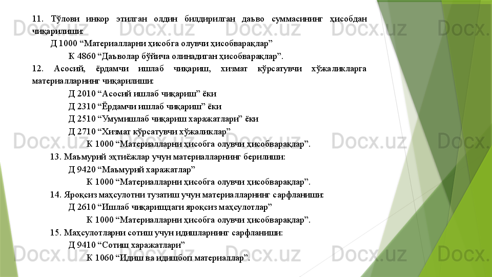 11.  Тўлови  инкор  этилган  олдин  билдирилган  даъво  суммасининг  ҳисобдан 
чиқарилиши: 
Д 1000 “Материалларни ҳисобга олувчи ҳисобварақлар” 
К 4860 “Даъволар бўйича олинадиган ҳисобварақлар”. 
12.  Асосий,  ёрдамчи  ишлаб  чиқариш,  хизмат  кўрсатувчи  хўжаликларга 
материалларнинг чиқарилиши: 
Д 2010 “Асосий ишлаб чиқариш” ёки 
Д 2310 “Ёрдамчи ишлаб чиқариш” ёки 
Д 2510 “Умумишлаб чиқариш харажатлари” ёки 
Д 2710 “Хизмат кўрсатувчи хўжаликлар” 
К 1000 “Материалларни ҳисобга олувчи ҳисобварақлар”. 
13. Маъмурий эҳтиёжлар учун материалларнинг берилиши: 
Д 9420 “Маъмурий харажатлар”  
К 1000 “Материалларни ҳисобга олувчи ҳисобварақлар”. 
14. Яроқсиз маҳсулотни тузатиш учун материалларнинг сарфланиши: 
Д 2610 “Ишлаб чиқаришдаги яроқсиз маҳсулотлар”  
К 1000 “Материалларни ҳисобга олувчи ҳисобварақлар”. 
15. Маҳсулотларни сотиш учун идишларнинг сарфланиши: 
Д 9410 “Сотиш харажатлари”  
К 1060 “Идиш ва идишбоп материаллар”.