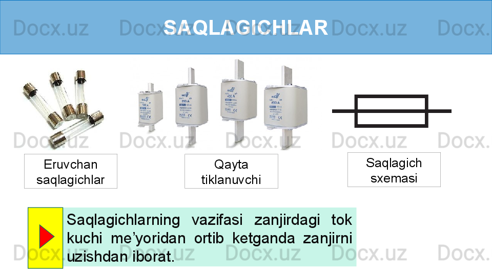 SAQLAGICHLAR
Saqlagichlarning  vazifasi  zanjirdagi  tok 
kuchi  me’yoridan  ortib  ketganda  zanjirni 
uzishdan iborat.Eruvchan 
saqlagichlar Qayta 
tiklanuvchi Saqlagich 
sxemasi