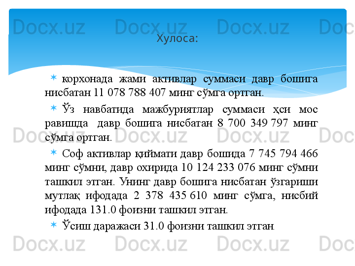 
корхонада  жами  активлар  суммаси  давр  бошига 
нисбатан 11 078 788 407 минг сўмга ортган. 

Ўз  навбатида  мажбуриятлар  суммаси  ҳси  мос 
равишда    давр  бошига  нисбатан  8  700  349	
 797  минг 
сўмга ортган. 

Соф  активлар  қиймати  давр  бошида  7  745  794	
 466 
минг сўмни, давр охирида 10 124 233	
 076 минг сўмни 
ташкил  этган.  Унинг  давр  бошига  нисбатан  ўзгариши 
мутлақ  ифодада  2  378  435	
 610  минг  сўмга,  нисбий 
ифодада 131.0 фоизни ташкил этган. 

Ўсиш даражаси 31.0 фоизни ташкил этган .Х улоса:   