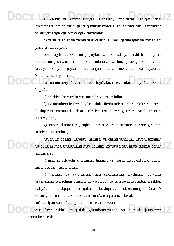 a)   elektr   va   quvur   liniyasi   aloqalari,   quvurlarni   haqiqiy   ichki
diametrlari, devor  qalinligi  va quvurlar  materiallari  ko'rsatilgan  uskunaning
xususiyatlariga ega texnologik chizmalar;
b) zarur talablar va xarakteristikalar bilan boshqariladigan va sozlanishi
parametrlar ro'yxati;
texnologik   ob'ektlarning   joylashuvi   ko'rsatilgan   ishlab   chiqarish
binolarining   chizmalari   -           kommutatorlar   va   boshqaruv   panellari   uchun
tavsiya   etilgan   joylarni   ko'rsatgan   holda   uskunalar   va   quvurlar
kommunikatsiyalari;
d)   namunaviy   loyihalar   va   loyihalash   echimlari   bo'yicha   texnik
hujjatlar;
e) qo'shimcha manba ma'lumotlar va materiallar;
f)   avtomatlashtirishni   loyihalashda   foydalanish   uchun   elektr   motorini
boshqarish   sxemalari,   ishga   tushirish   uskunasining   turlari   va   boshqaruv
stantsiyalari;
g)   quvur   diametrlari,   oqim,   bosim   va   suv   harorati   ko'rsatilgan   suv
ta'minoti sxemalari;
havoning bosimi, harorati, namligi va chang tarkibini, havoni tozalash
va quritish  moslamalarining mavjudligini   ko'rsatadigan   havo etkazib  berish
sxemalari ;
i)   nazorat   qiluvchi   qurilmalar   tanlash   va   ularni   hisob-kitoblar   uchun
zarur bo'lgan ma'lumotlar;
j)   tizimlar   va   avtomatlashtirish   uskunalarini   loyihalash   bo'yicha
tavsiyalarni   o'z   ichiga   olgan   ilmiy-tadqiqot   va   tajriba-konstruktorlik   ishlari
natijalari;   tadqiqot   natijalari   boshqaruv   ob'ektining   dinamik
xususiyatlarining matematik tavsifini o'z ichiga olishi kerak. 
Boshqarilgan va sozlanilgan parametrelar ro‘yxati
Ammofosni   ishlab   chiqarish   granulyatsiyalash   va   quritish   jarayonini
avtomatlashtirish
10