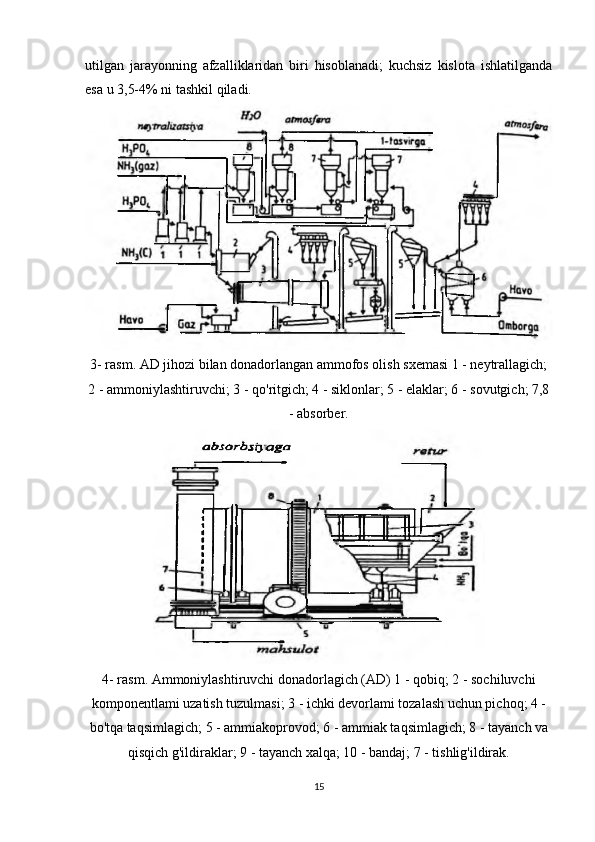 utilgan   jarayonning   afzalliklaridan   biri   hisoblanadi;   kuchsiz   kislota   ishlatilganda
esa u 3,5-4% ni tashkil qiladi.
3- rasm. AD jihozi bilan donadorlangan ammofos olish sxemasi 1 - neytrallagich;
2 - ammoniylashtiruvchi; 3 - qo'ritgich; 4 - siklonlar; 5 - elaklar; 6 - sovutgich; 7,8
- absorber.
4- rasm. Ammoniylashtiruvchi donadorlagich (AD) 1 - qobiq; 2 - sochiluvchi
komponentlami uzatish tuzulmasi; 3 - ichki devorlami tozalash uchun pichoq; 4 -
bo'tqa taqsimlagich; 5 - ammiakoprovod; 6 - ammiak taqsimlagich; 8 - tayanch va
qisqich g'ildiraklar; 9 - tayanch xalqa; 10 - bandaj; 7 - tishlig'ildirak.
15