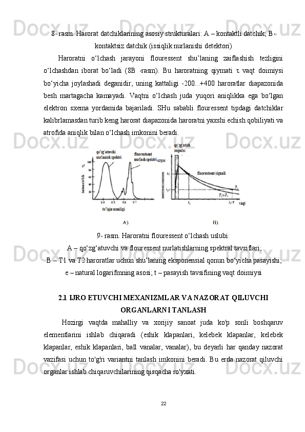 8- rasm. Harorat datchiklarining asosiy strukturalari: A – kontaktli datchik; B-
kontaktsiz datchik (issiqlik nurlanishi detektori)
Haroratni   o‘lchash   jarayoni   flouressent   shu’laning   zaiflashish   tezligini
o‘lchashdan   iborat   bo‘ladi   (8B   -rasm).   Bu   haroratning   qiymati   τ   vaqt   doimiysi
bo‘yicha   joylashadi   deganidir,   uning   kattaligi   -200...+400   haroratlar   diapazonida
besh   martagacha   kamayadi.   Vaqtni   o‘lchash   juda   yuqori   aniqlikka   ega   bo‘lgan
elektron   sxema   yordamida   bajariladi.   SHu   sababli   flouressent   tipdagi   datchiklar
kalibrlamasdan turib keng harorat diapazonida haroratni yaxshi echish qobiliyati va
atrofida aniqlik bilan o‘lchash imkonini beradi.
9- rasm. Haroratni flouressent o‘lchash uslubi:
 A – qo‘zg‘atuvchi va flouressent nurlatishlarning spektral tavsiflari;
 B – T1 va T2 haroratlar uchun shu’laning eksponensial qonun bo‘yicha pasayishi;
e – natural logarifmning asosi; t – pasayish tavsifining vaqt doimiysi
2.1 IJRO ETUVCHI MEXANIZMLAR VA NAZORAT QILUVCHI
ORGANLARNI TANLASH
Hozirgi   vaqtda   mahalliy   va   xorijiy   sanoat   juda   ko'p   sonli   boshqaruv
elementlarini   ishlab   chiqaradi   (eshik   klapanlari,   kelebek   klapanlar,   kelebek
klapanlar,   eshik   klapanlari,   ball   vanalar,   vanalar),   bu   deyarli   har   qanday   nazorat
vazifasi   uchun   to'g'ri   variantni   tanlash   imkonini   beradi.   Bu   erda   nazorat   qiluvchi
organlar ishlab chiqaruvchilarining qisqacha ro'yxati.
22 