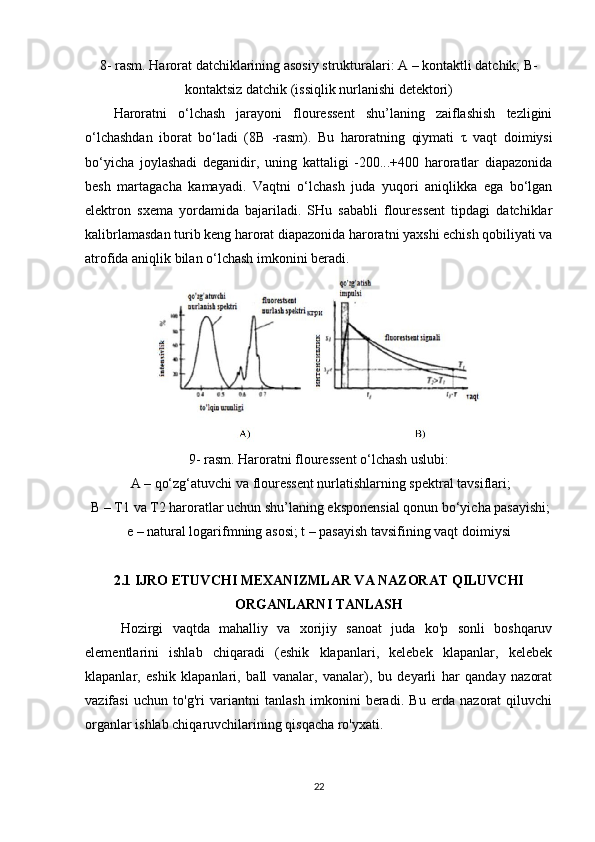 8- rasm. Harorat datchiklarining asosiy strukturalari: A – kontaktli datchik; B-
kontaktsiz datchik (issiqlik nurlanishi detektori)
Haroratni   o‘lchash   jarayoni   flouressent   shu’laning   zaiflashish   tezligini
o‘lchashdan   iborat   bo‘ladi   (8B   -rasm).   Bu   haroratning   qiymati   τ   vaqt   doimiysi
bo‘yicha   joylashadi   deganidir,   uning   kattaligi   -200...+400   haroratlar   diapazonida
besh   martagacha   kamayadi.   Vaqtni   o‘lchash   juda   yuqori   aniqlikka   ega   bo‘lgan
elektron   sxema   yordamida   bajariladi.   SHu   sababli   flouressent   tipdagi   datchiklar
kalibrlamasdan turib keng harorat diapazonida haroratni yaxshi echish qobiliyati va
atrofida aniqlik bilan o‘lchash imkonini beradi.
9- rasm. Haroratni flouressent o‘lchash uslubi:
 A – qo‘zg‘atuvchi va flouressent nurlatishlarning spektral tavsiflari;
 B – T1 va T2 haroratlar uchun shu’laning eksponensial qonun bo‘yicha pasayishi;
e – natural logarifmning asosi; t – pasayish tavsifining vaqt doimiysi
2.1 IJRO ETUVCHI MEXANIZMLAR VA NAZORAT QILUVCHI
ORGANLARNI TANLASH
Hozirgi   vaqtda   mahalliy   va   xorijiy   sanoat   juda   ko'p   sonli   boshqaruv
elementlarini   ishlab   chiqaradi   (eshik   klapanlari,   kelebek   klapanlar,   kelebek
klapanlar,   eshik   klapanlari,   ball   vanalar,   vanalar),   bu   deyarli   har   qanday   nazorat
vazifasi   uchun   to'g'ri   variantni   tanlash   imkonini   beradi.   Bu   erda   nazorat   qiluvchi
organlar ishlab chiqaruvchilarining qisqacha ro'yxati.
22