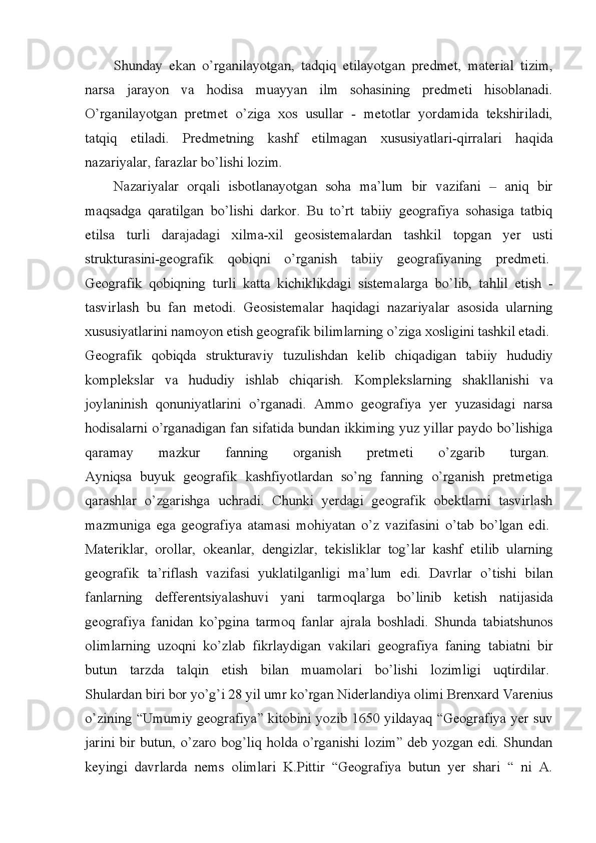 10   yil   mobaynida   qo’llanildi.   Geografik   materiallar   kompleks   mavzular   orasida
singib   ketdi.   Geografiyani   o’rganish   juda   past   saviyada   olib   borildi.   Kompleks
dasturlarining   uzoq   hukmronligi   maktab   geografiyasi   uchun   og’ir   davr   bo’ldi.
1925-1926 yillarda maktablarning yuqori sinfida geografiya dasturlaridan umuman
chiqarib tashlandi. Geografiya tibbiyot, fizika, ijtimoiy fanlar tarkibida o’rganiladi.
Kartani   o’rganish   nihoyatda   zaif   bo’ldi.   Yuqoridagi   fanlar   geografiyani   o’qitish
vazifalarini mutlaqo bajara olmadilar. Kompleks metod asosida predmetsiz o’qitish
yo’li edi.
      II   bosqich   1934-1935   yillarni   o’z   ichiga   oladi.   O’zbek   maktablarida
geografiya  o’qitishning  muayyan  bir   tartibga   tushish  bosqichi.   Bu  davrda  yagona
dastur asosida muayyan darsliklar yaratildi. O’quvchi va o’qituvchilar uchun o’quv
qo’llanmalari   ko’proq   nashr   etila   boshlandi.   O’zbek   tilida   metodik   qo’llanmalar
vujudga   kela   boshladi.Maktab   geografiyasiga   hissa   qo’sha   oladigan   metodistlar   ,
geografiya o’qituvchilari yetishib chiqa boshladi. Ko’proq metodik kitoblar o’zbek
tiliga o’girildi. 
  III bosqich 1956-1966 yillar. Bu davrni maktab geografiyasini turmush bilan
bog’lash bosqichi desa ham bo’ladi. Bu davrda maktab geografiyasi bo’yicha ilmiy
tadqiqot   ishlari   olib   borildi.   O’qitishning   samarali   xillari   tobora   kengroq   joriy
qilina   boshlandi.   Mahalliy   aholidan   milliy   kadrlar,   yirik   geograf   va   metodistlar
yetishib   chiqdi.   O’quvchi   va   o’qituvchilar   uchun   ilmiy   ommabop   va   metodik
adabiyotlar   tarjima   qilindi.   Geografik   atama   va   nomlar   ma’lum   bir   tizimga   tusha
bordi. 
    IV   bosqich   1967-1990   yillar.   Bu   davrda   ta’lim   sohasida   turli   o’zgarishlar
sodir   bo’ldi.   O’quv   ko’rgazmali   qo’llanmalar   chop   qilindi.   Ta’limni   isloh   qilish
borasida   bir   qator   tadbir   va   o’zgarishlar   amalga   oshirildi.   Muayyan   darsliklar
tizimi  va yangi  o’quv kartalari  paydo bo’ldi. O’lkashunoslikka  e’tibor  birmuncha
pasaydi.   Ammo   O’zbekiston   geografiyasini   o’rganish   bo’yicha   soatlar   hajmi
20%dan oshmaydi.