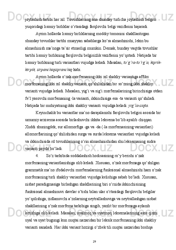joylashish tartibi har xil. Tovushlarning ana shunday turlicha joylashish belgisi 
yuqoridagi lisoniy birliklar o‘rtasidagi farqlovchi belgi vazifasini bajaradi. 
Ayrim hollarda lisoniy birliklarning moddiy tomonini shakllantirgan 
shunday tovushlar tartibi muayyan sabablarga ko‘ra almashinishi, lekin bu 
almashinish ma’noga ta’sir etmasligi mumkin. Demak, bunday vaqtda tovushlar 
tartibi lisoniy birlikning farqlovchi belgisizlik vazifasini yo‘qotadi. Natijada bir 
lisoniy birlikning turli variantlari vujudga keladi. Masalan,  to‘g‘ra-to‘rg‘a, kiprik-
kirpik, sirpanchiqsipranchiq  kabi. 
Ayrim hollarda o‘zak morfemaning ikki xil shakliy variantiga affiks 
morfemaning ikki xil shakliy varianti qo‘shilishidan bir so‘zning ikki shakliy 
varianti vujudga keladi. Masalan, yig‘i va sig‘i morfemalarining birinchisiga otdan 
fe’l yasovchi morfemaning -la varianti, ikkinchisiga esa -ta varianti qo‘shiladi. 
Natijada bir mohiyatning ikki shakliy varianti vujudga keladi:  yig‘la-siqta . 
Keyinchalik bu variantlar ma’no darajalanishi farqlovchi belgisi asosida bir 
umumiy arxisema asosida birlashuvchi ikkita leksema bo‘lib ajralib chiqqan. 
Xuddi shuningdek, sur allomorfiga -ga va -da (-la morfemasining variantlari) 
allomorflarining qo‘shilishidan surga va surda leksema variantlari vujudga keladi 
va ikkinchisida rd tovushlarining o‘rin almashinishidan shu leksemaning sudra 
varianti paydo bo‘ladi. 
4. So‘z tarkibida soddalashish hodisasining ro‘y berishi o‘zak 
morfemaning variantlanishiga olib keladi. Xususan, o‘zak morfemaga qo‘shilgan 
grammatik ma’no ifodalovchi morfemalarning funksional almashinishi ham o‘zak 
morfemaning turli shakliy variantlari vujudga kelishiga sabab bo‘ladi. Xususan, 
nisbat paradigmasiga birlashgan shakllarining biri o‘rnida ikkinchisining 
funksional almashinuvi davrlar o‘tishi bilan ular o‘rtasidagi farqlovchi belgilar 
yo‘qolishiga, zidlanuvchi a’zolarning neytrallashuviga va neytrallashgan nisbat 
shakllarining o‘zak morfema tarkibiga singib, yaxlit bir morfemaga aylanib 
ketishiga olib keladi. Masalan, uyalmoq va uyatmoq leksemalarining asos qismi 
uyal va uyat bugungi kun nuqtai nazaridan bir leksik morfemaning ikki shakliy 
varianti sanaladi. Har ikki variant hozirgi o‘zbek tili nuqtai nazaridan boshqa 
29 