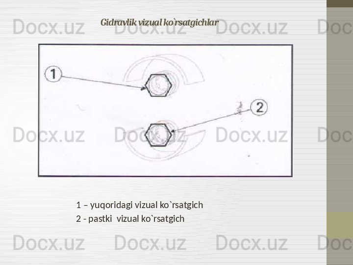 Gidravlik vizual ko`rsatgichlar
1 – yuqoridagi vizual ko`rsatgich
2 - pastki  vizual ko`rsatgich 