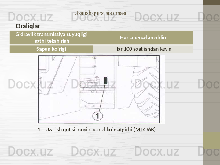 Uzatish qutisi sistemasi
Oraliqlar
                          1 – Uzatish qutisi moyini vizual ko`rsatgichi  (МТ436В)Gidravlik transmissiya suyuqligi 
sathi tekshirish Har smenadan oldin
Sapun ko`rigi Har 100 soat ishdan keyin 