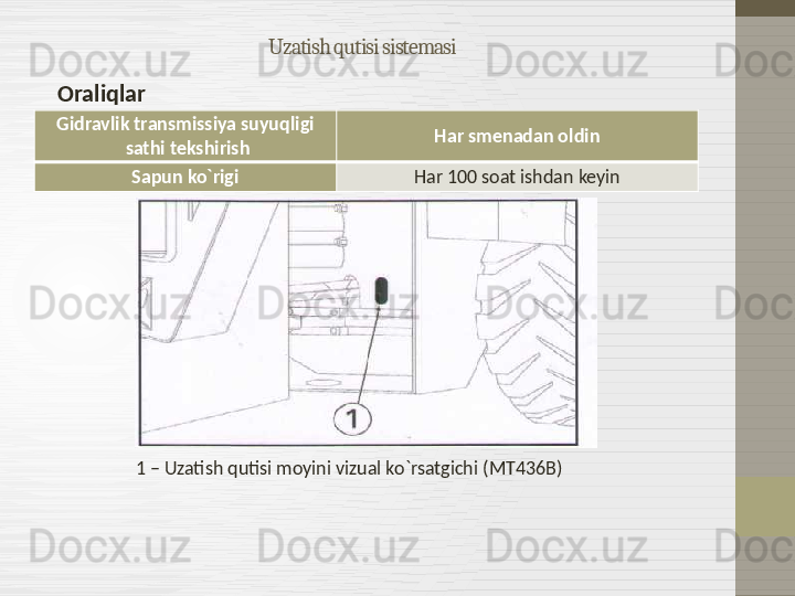 Uzatish qutisi sistemasi
Oraliqlar
                          1 – Uzatish qutisi moyini vizual ko`rsatgichi  (МТ436В)Gidravlik transmissiya suyuqligi 
sathi tekshirish Har smenadan oldin
Sapun ko`rigi Har 100 soat ishdan keyin