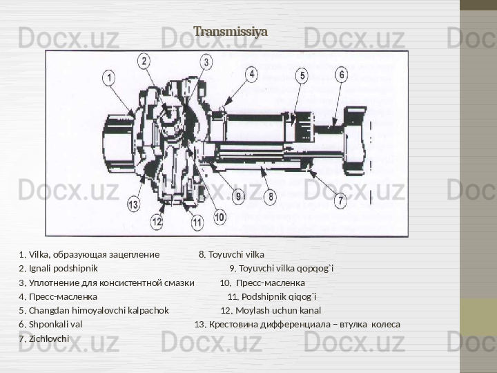 Transmissiya
1.  Vilka , образующая зацепление        8.  Toyuvchi vilka
2.  Ignali podshipnik                                                     9.  Toyuvchi vilka qopqog`i
3. Уплотнение для консистентной смазки           10.  Пресс-масленка
4. Пресс-масленка                                                    11.  Podshipnik qiqog`i
5.  Changdan himoyalovchi kalpachok                          12.  Moylash uchun kanal
6.  Shponkali val                                                    13. Крестовина дифференциала – втулка  колеса
7.  Zichlovchi
