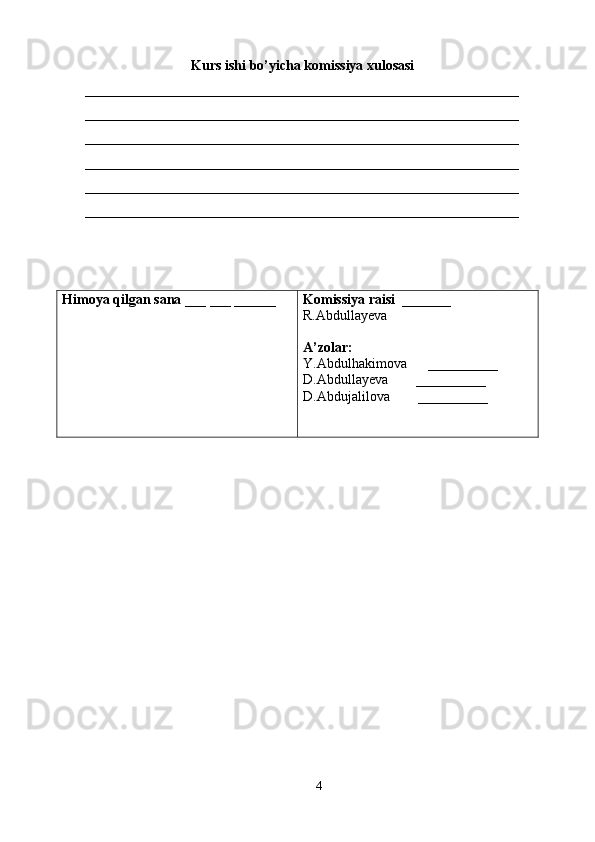 Kurs ishi bo’yicha komissiya xulosasi 
______________________________________________________________
______________________________________________________________
______________________________________________________________
______________________________________________________________
______________________________________________________________
______________________________________________________________
Himoya qilgan sana  ___ ___ ______ Komissiya raisi   _______ 
R.Abdullayeva
A’zolar: 
Y.Abdulhakimova      __________
D.Abdullayeva        __________
D.Abdujalilova         __________
                        
                                
 
4 