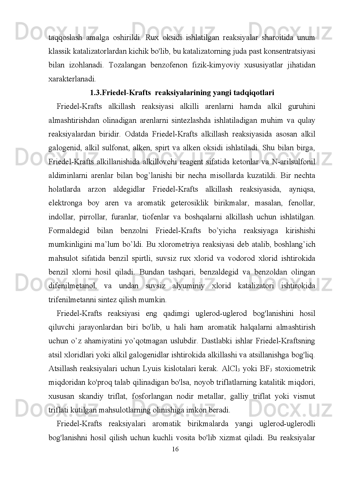 Ushbu tajribada reaksiya erituvchisi  sifatida dixlormetan, atsillovchi qilib sirka
angidridi   ishlatiladi.   Reaksiya   ekzotermik   bo'lib,   sekinlik   bilan   sirka   angidridi   va
boshqa   reagentlar   qo'shib   boriladi,   reaksiyani   boshlash   uchun   ozroq   isitiladi.
Reaksion   aralashma   muzli   suvga   quyilsa   mahsulot   bilan   Lyuis   kislotasi
kompleksini   parchalaydi   va   noorganik   tuzlarni   suvli   fazaga   o'tkazadi.   Mahsulot
organik   erituvchini   bug'latish   va   qoldiqni   distillash   orqali   olinadi.   Xona
haroratigacha sovutilganda mahsulot kristallanishi kerak. 
Asos   sifatida,   monomahsulot   benzolni   atsillashda   olingan   har   uch   xil
mahsulotdan birortasini yoki hammasini olish mumkin. Sizning mahsulotingizning
erish   nuqtasidan   va   spektridan   siz   asosan   bitta   birikma   yoki   izomerlarning
aralashmasi   bor   yoki   yo'qligini   aniqlashingiz   kerak   va   agar   u   bitta   tarkibiy   qism
bo'lsa, uning qaysiligi aniqlanadi. Ikkilamchi benzollar o'zlarining IQ-spektrida C-
H   bog’larining   joylashuvi   bilan   ajralib   turadi.   Ushbu   bog’lar   850   sm -1
  dan   past
bo'lgan   chastotalarda   (to’lqinlar   raqamlar   bilan   ifodalanadi)   namayon   bo'ladi.
Bunday   tarmoqli   chastota   1-jadvalda   ko'rsatilganidek,   halqa   ustidagi   qo'shni
vodorodlarning   soni   kamayadi.   Shunday   qilib,   benzol   halqaning   para-izomerdagi
ikkita   qo'shni   vodorodlarning   yutulish   sohasi   840-810   sm -1
  da;   meta-izomerdagi
uchta   qo'shni   halqa   vodorodlari     810-750   sm -1
  sohada   yutiladi;   va   orto-izomer
halqasidagi   to'rtta   qo'shni   vodorodlar   770-735   sm -1
  sohada   yutiladi.   Meta-izomer
tarkibidagi   izolyatsiyalangan   vodorod     odatda   juda   zaif   va   uning   chastotasi
o'zgarishi   mumkin.   Monomahsulot   va   meta-dimahsulot   hosil   bo’lgan   benzol
izomerlarida   710-680   sm -1
  sohada   qo'shimcha   bog’   bor,   bu   butun   benzol
halqasidagi bog’lar tebranishlarni o’z ichiga olgan
                                                                         8
